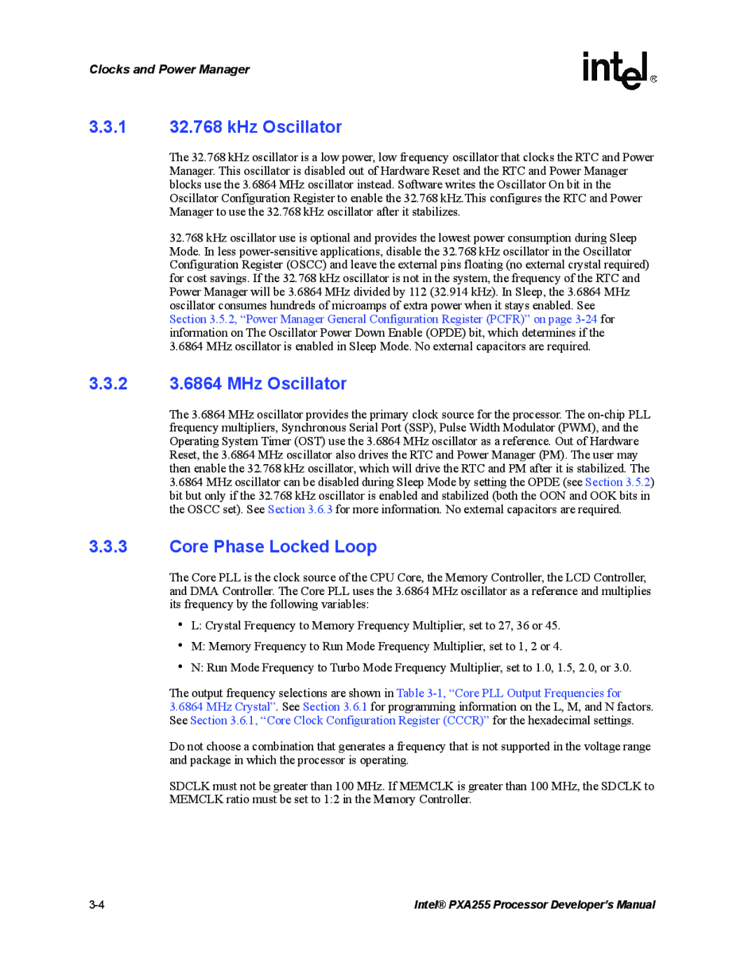 Intel PXA255 manual 1 32.768 kHz Oscillator, 2 3.6864 MHz Oscillator, Core Phase Locked Loop 