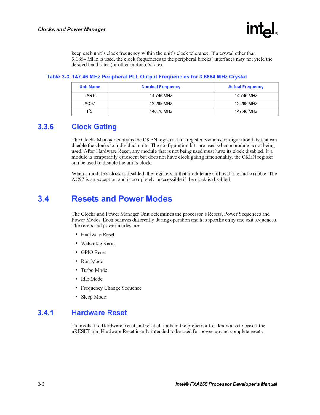 Intel PXA255 manual Resets and Power Modes, Clock Gating, Hardware Reset 