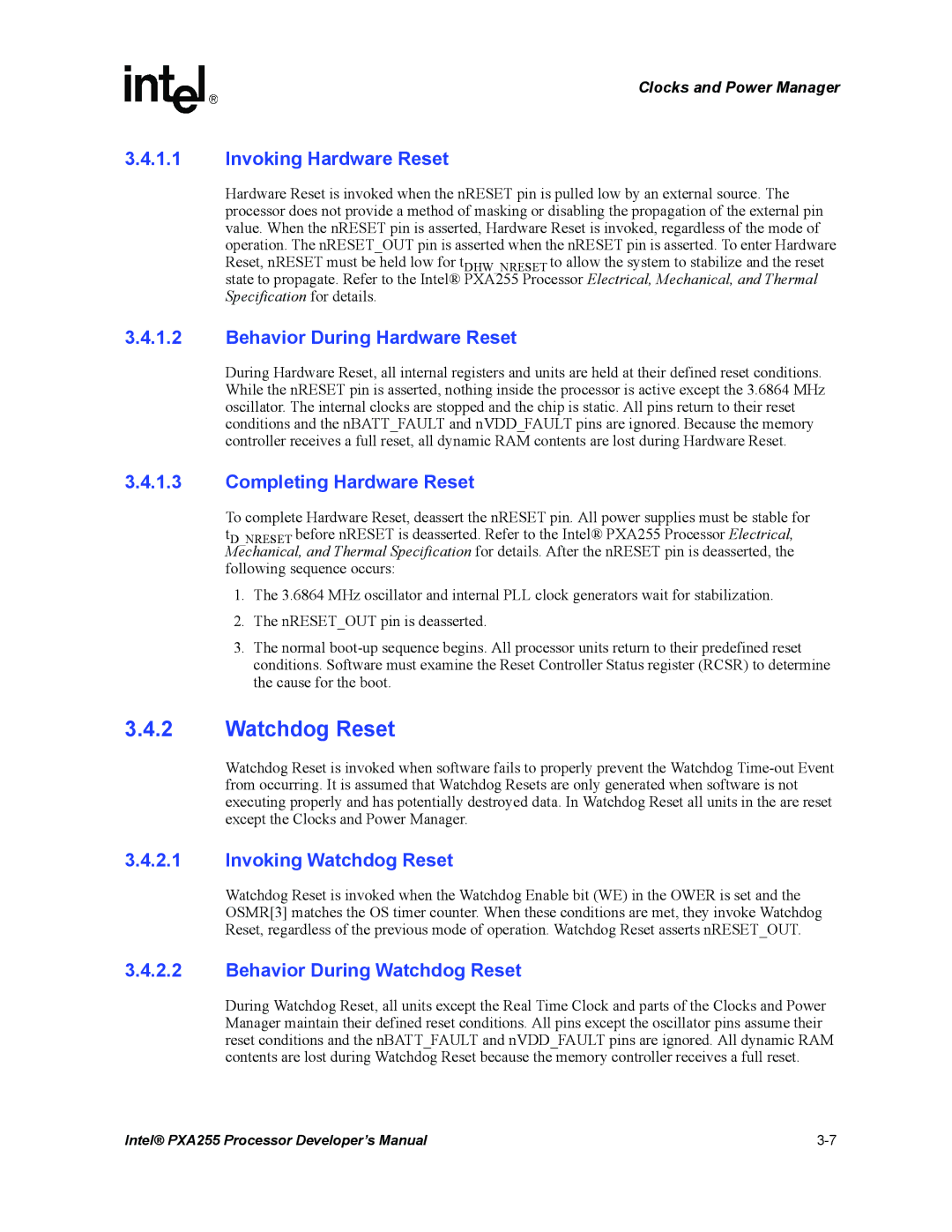 Intel PXA255 manual Watchdog Reset 
