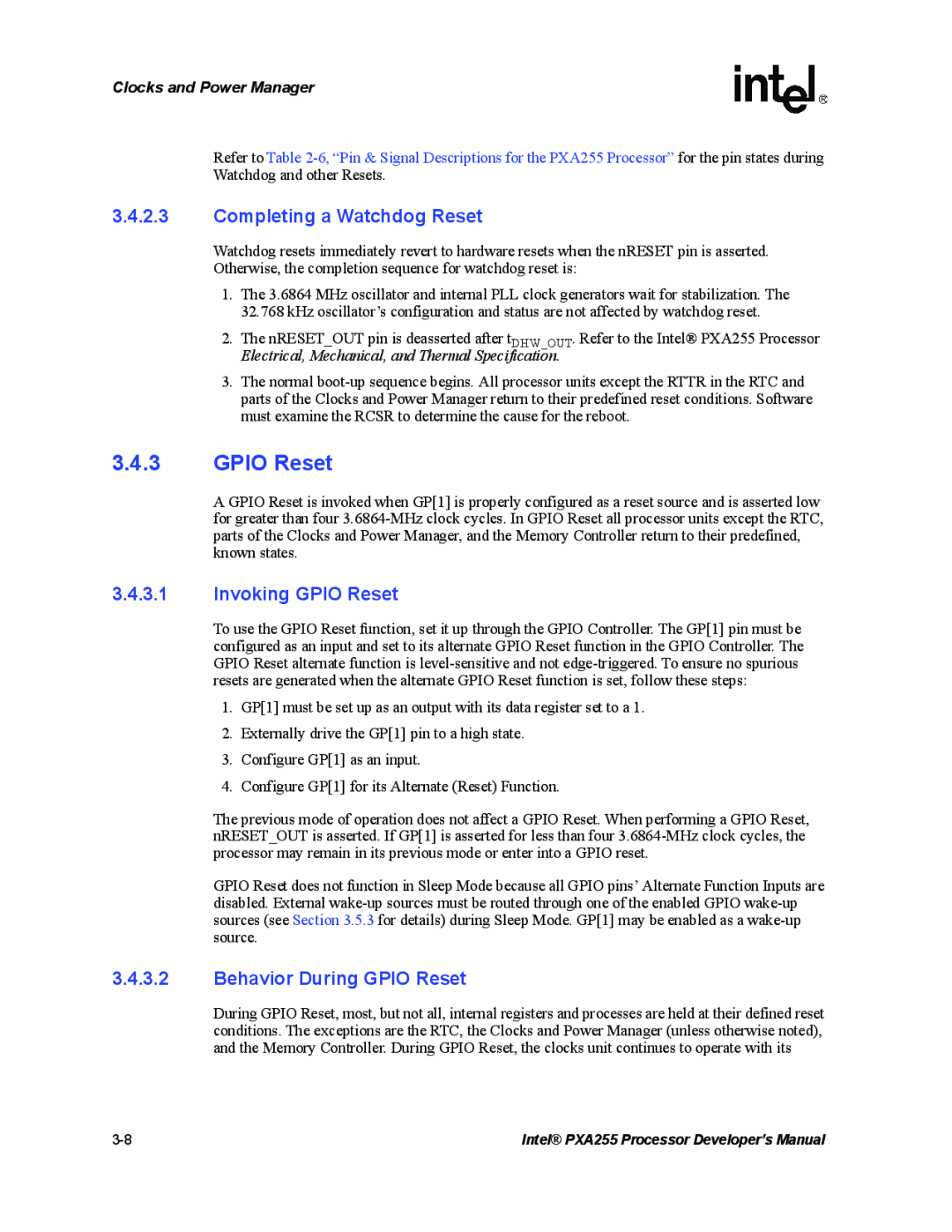 Intel PXA255 manual Completing a Watchdog Reset, Invoking Gpio Reset, Behavior During Gpio Reset 