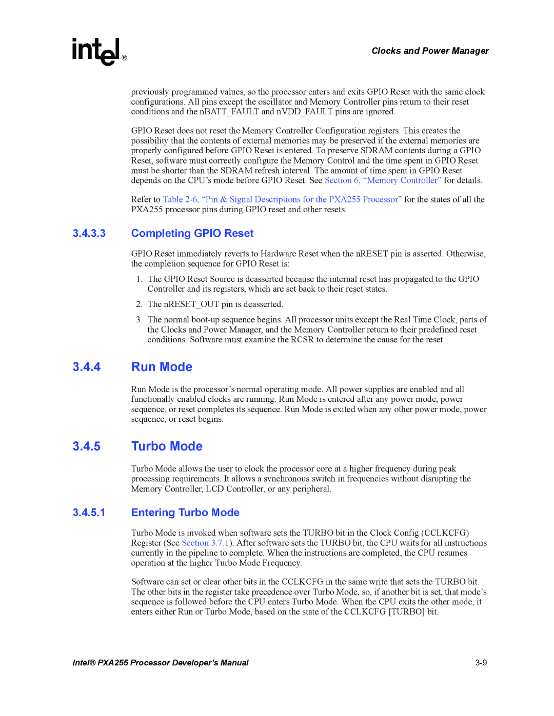 Intel PXA255 manual Run Mode, Completing Gpio Reset, Entering Turbo Mode 