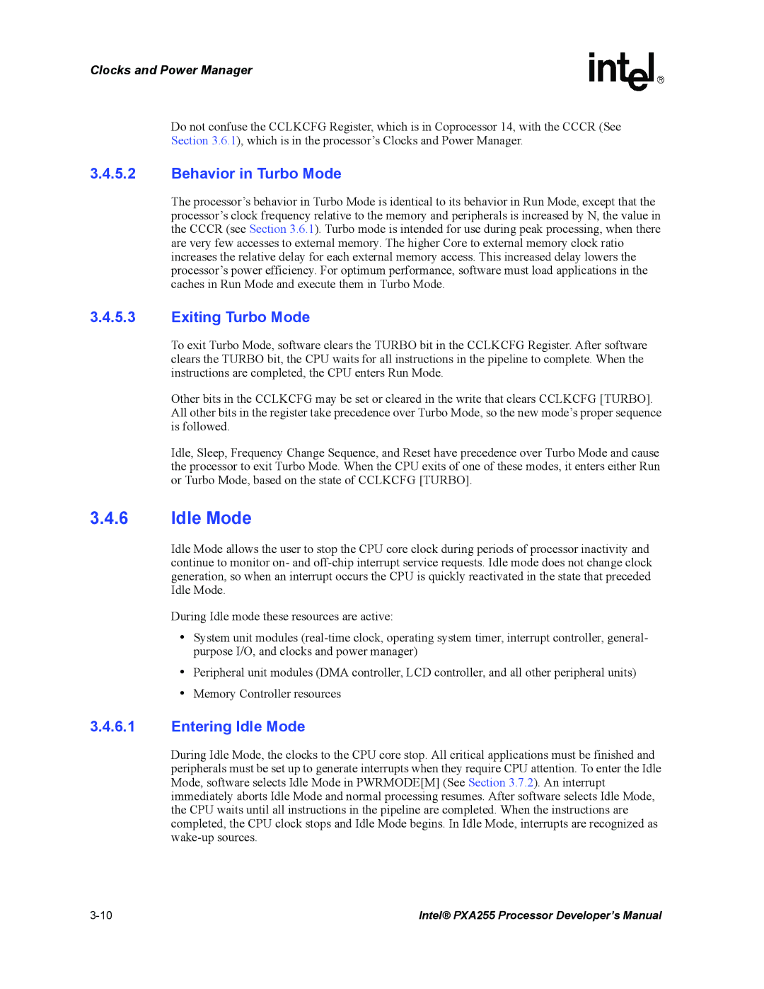 Intel PXA255 manual Behavior in Turbo Mode, Exiting Turbo Mode, Entering Idle Mode 