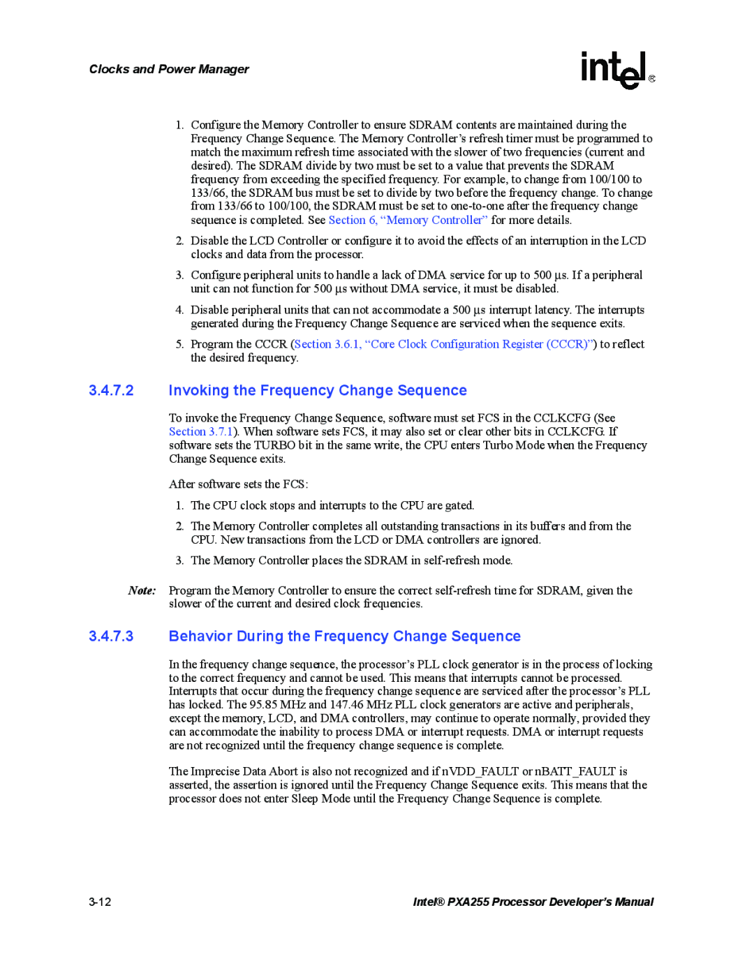 Intel PXA255 manual Invoking the Frequency Change Sequence, Behavior During the Frequency Change Sequence 