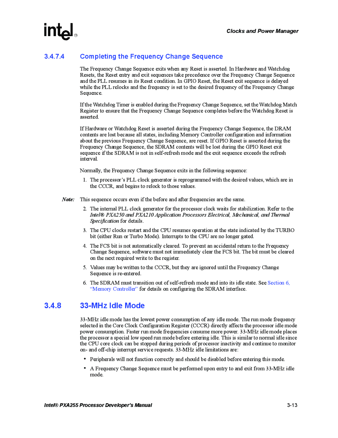 Intel PXA255 manual 8 33-MHz Idle Mode, Completing the Frequency Change Sequence 