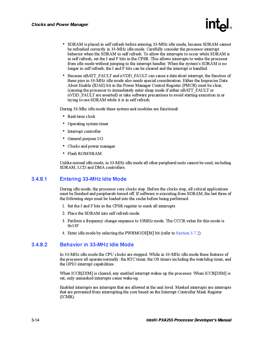 Intel PXA255 manual Entering 33-MHz Idle Mode, Behavior in 33-MHz Idle Mode 