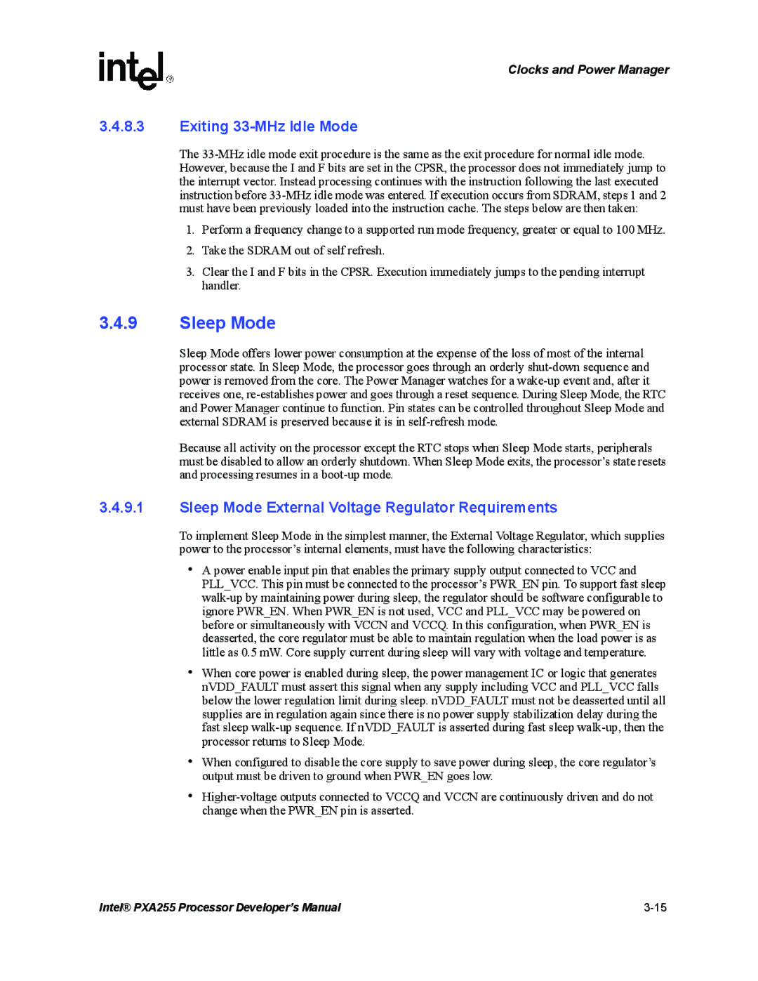 Intel PXA255 manual Exiting 33-MHz Idle Mode, Sleep Mode External Voltage Regulator Requirements 