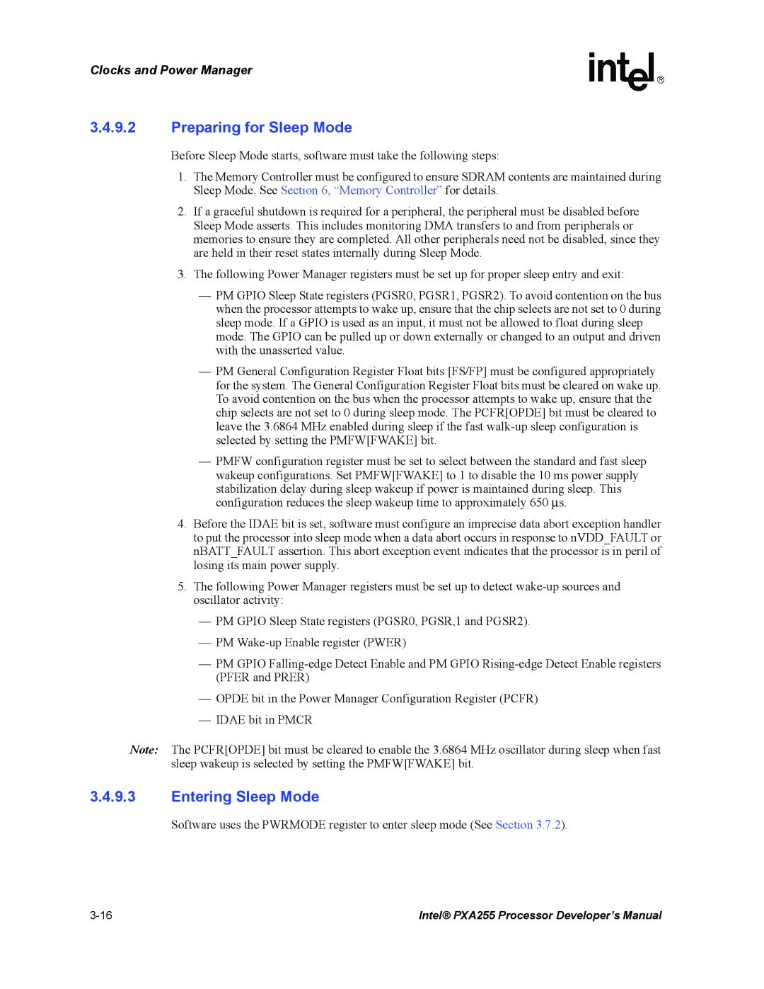 Intel PXA255 manual Preparing for Sleep Mode, Entering Sleep Mode 