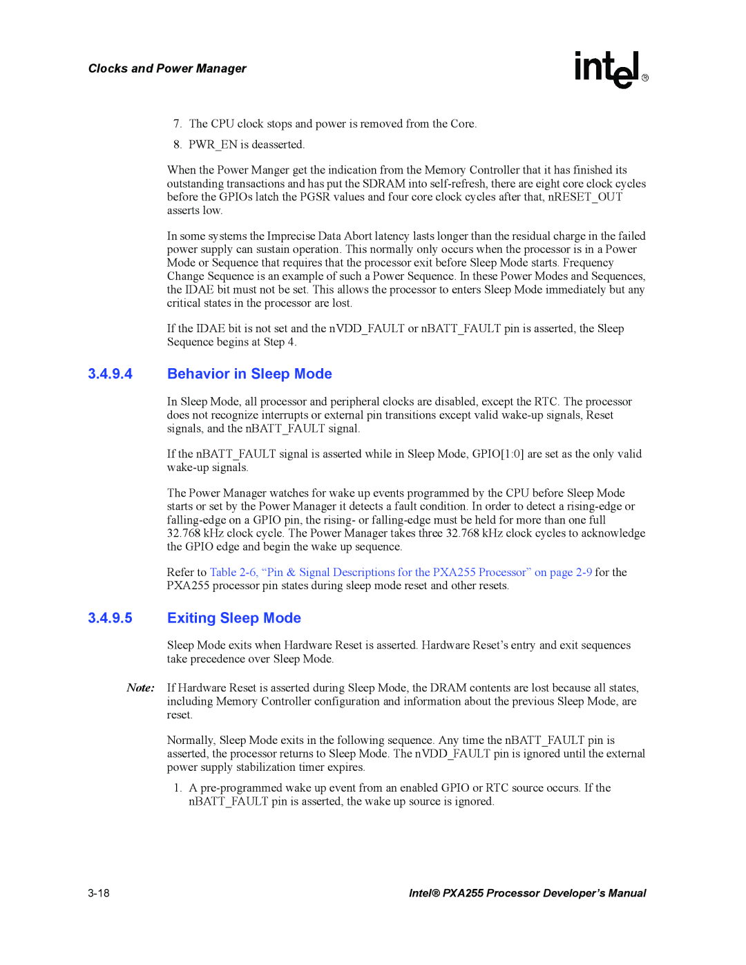 Intel PXA255 manual Behavior in Sleep Mode, Exiting Sleep Mode 