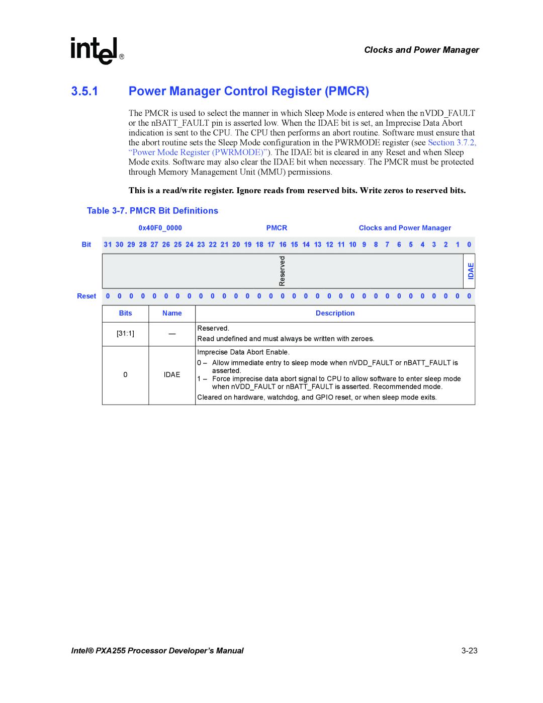 Intel PXA255 manual Power Manager Control Register Pmcr, Pmcr Bit Definitions, Idae 