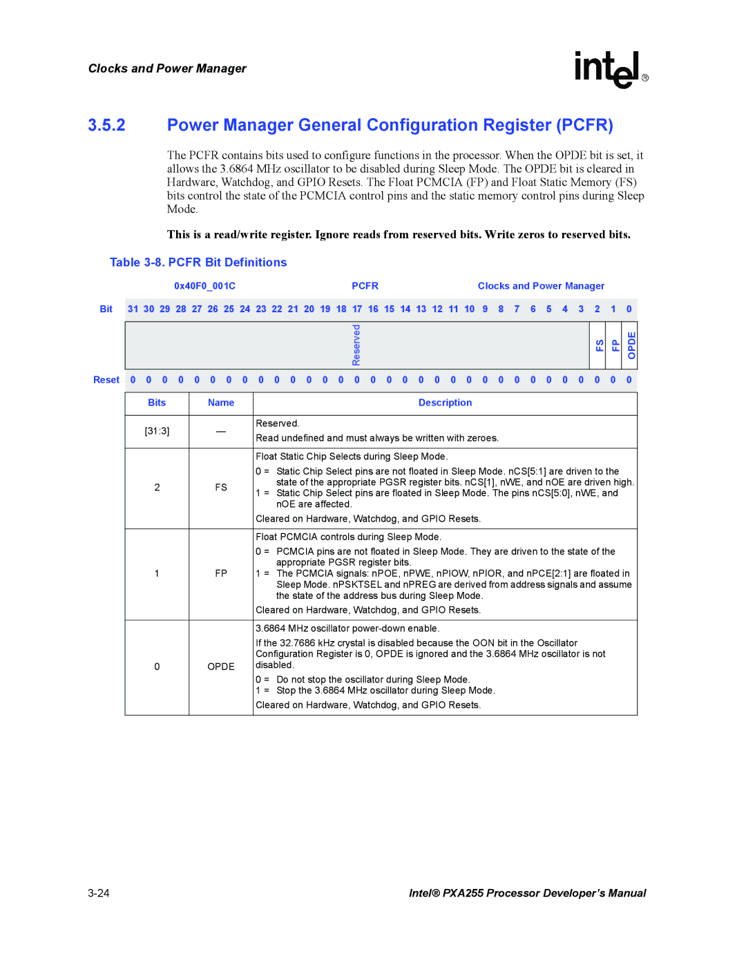 Intel PXA255 manual Power Manager General Configuration Register Pcfr, Pcfr Bit Definitions, Opde 