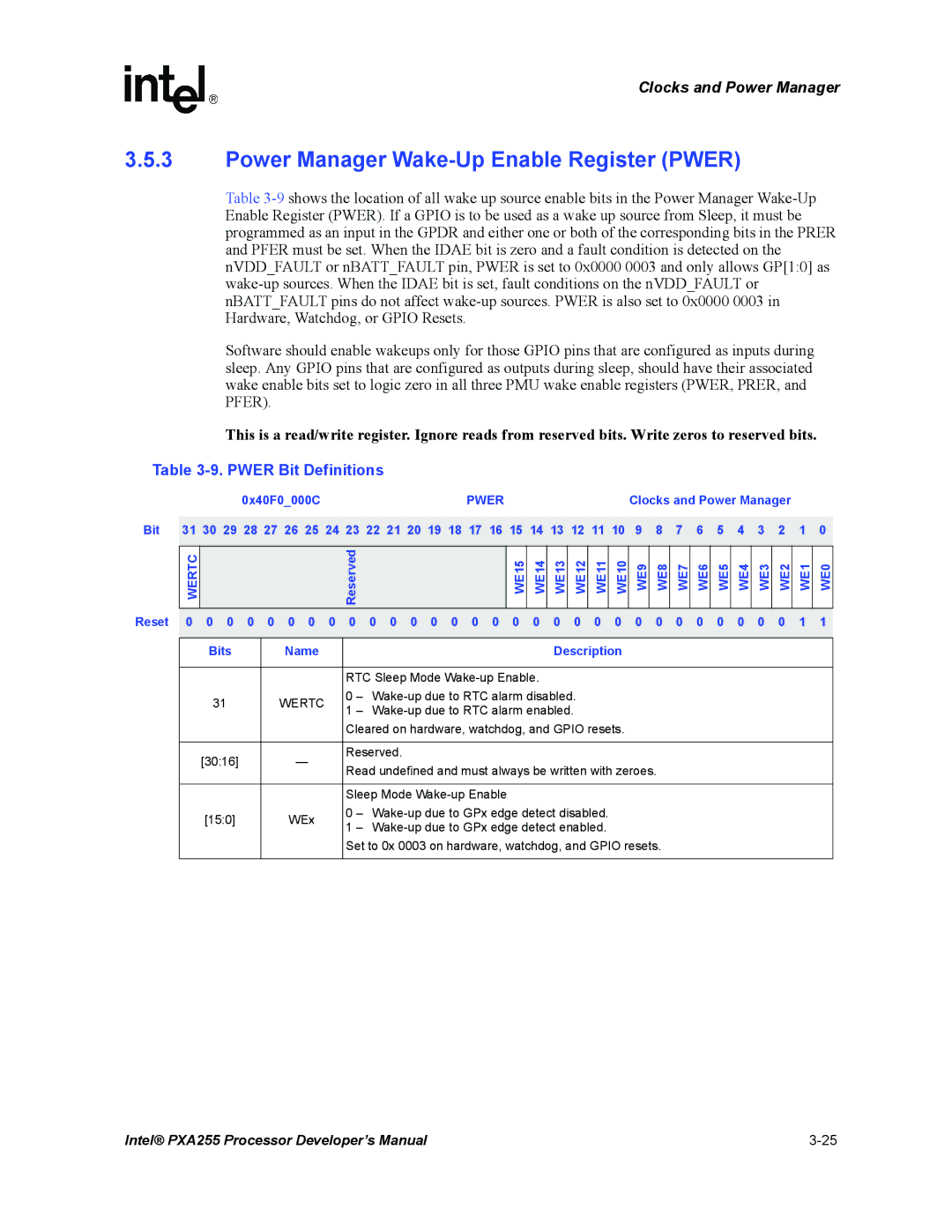 Intel PXA255 manual Power Manager Wake-Up Enable Register Pwer, Pwer Bit Definitions, Wertc 