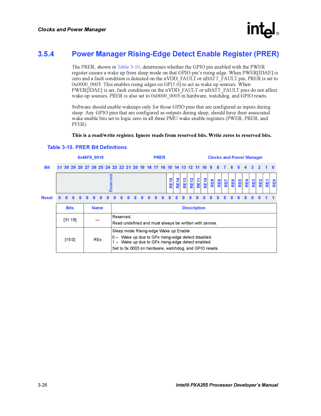 Intel PXA255 manual Power Manager Rising-Edge Detect Enable Register Prer, Prer Bit Definitions, 0x40F00010 