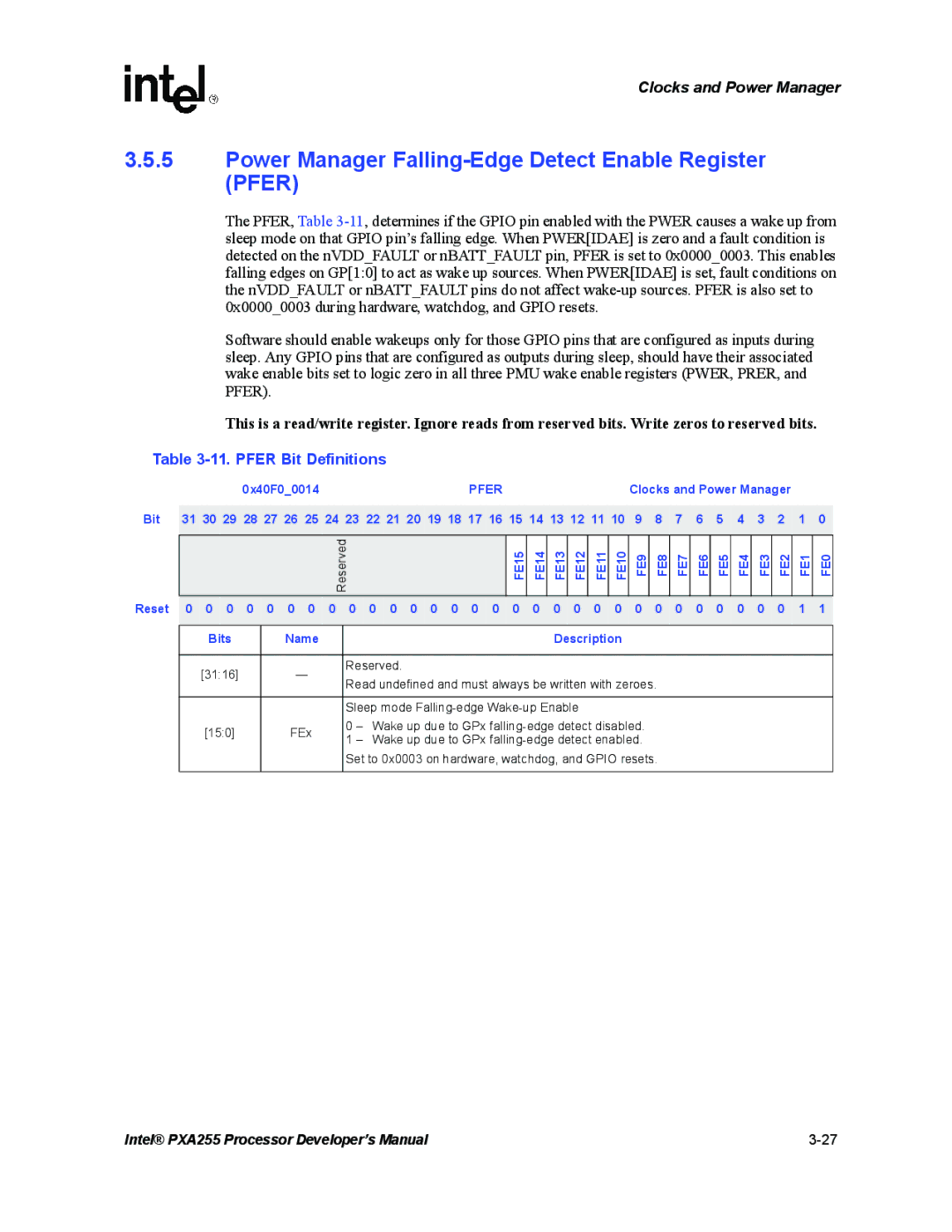 Intel PXA255 manual Power Manager Falling-Edge Detect Enable Register Pfer, Pfer Bit Definitions, 0x40F00014 