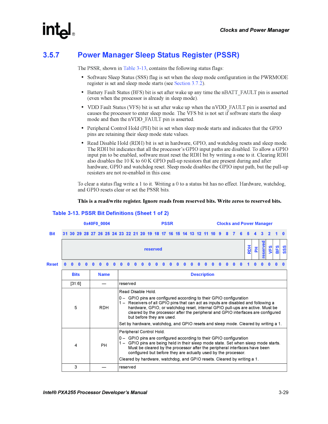 Intel PXA255 manual Power Manager Sleep Status Register Pssr, Pssr Bit Definitions Sheet 1, Rdh, Vfs Bfs Sss 