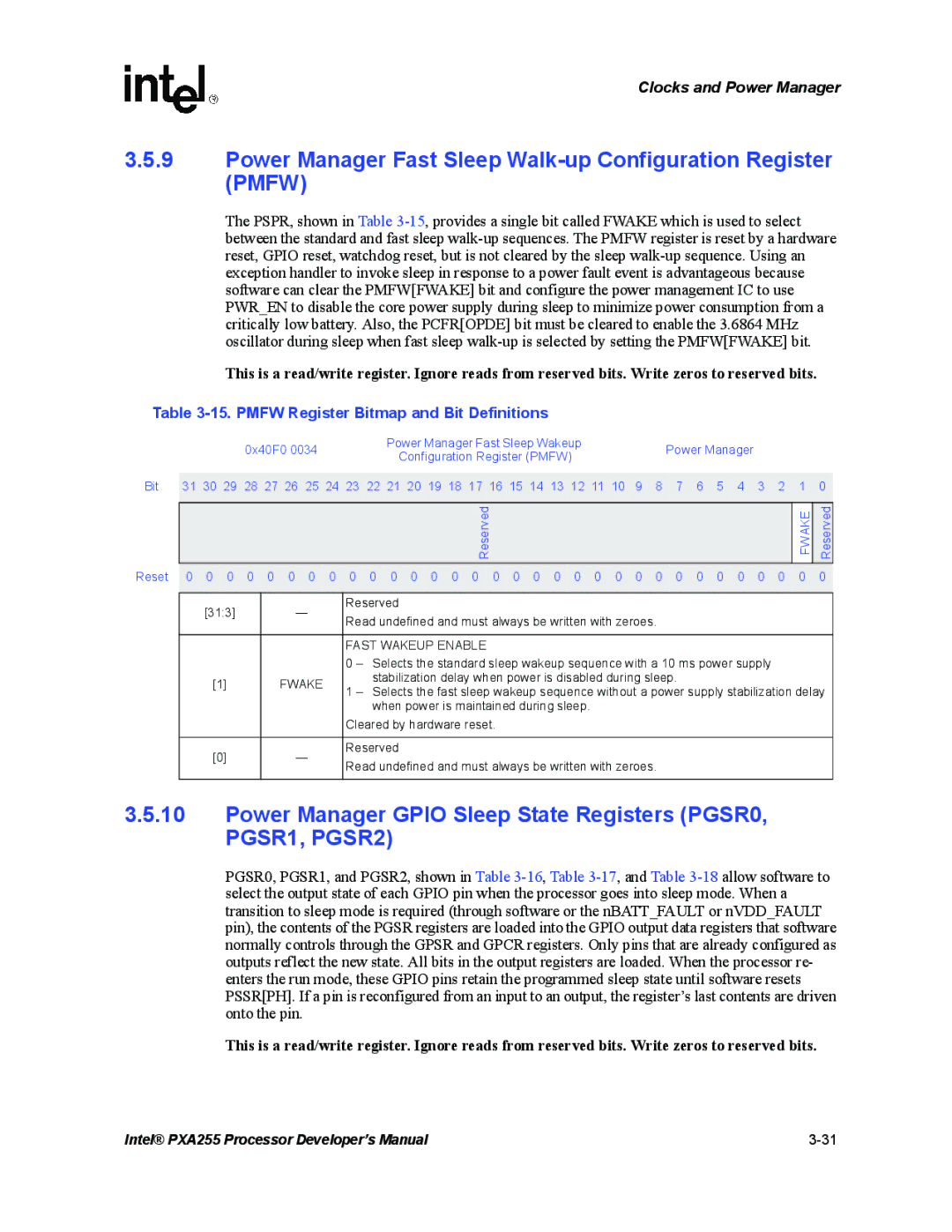 Intel PXA255 manual Power Manager Fast Sleep Walk-up Configuration Register Pmfw, Pmfw Register Bitmap and Bit Definitions 