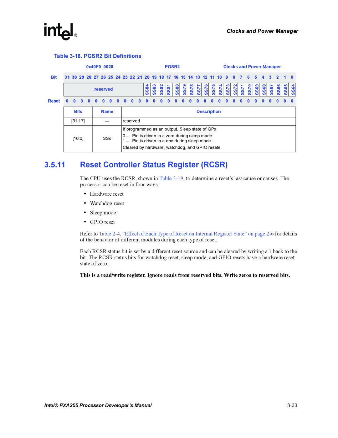 Intel PXA255 manual Reset Controller Status Register Rcsr, PGSR2 Bit Definitions, Bit Reset 0x40F00028 