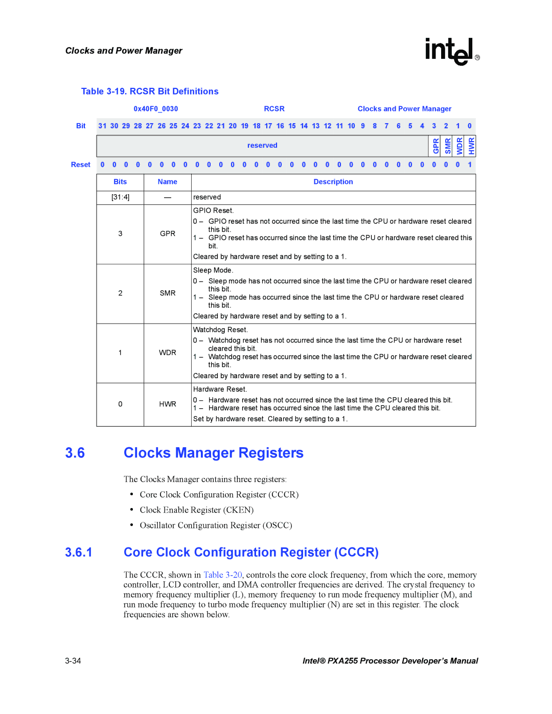 Intel PXA255 manual Clocks Manager Registers, Core Clock Configuration Register Cccr, Rcsr Bit Definitions, Gpr 