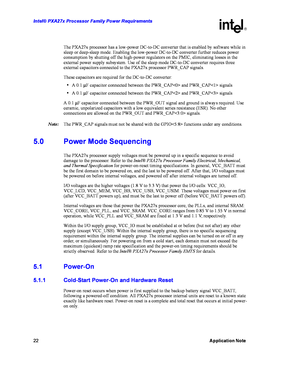 Intel PXA27X manual Power Mode Sequencing, Cold-Start Power-On and Hardware Reset, Application Note 