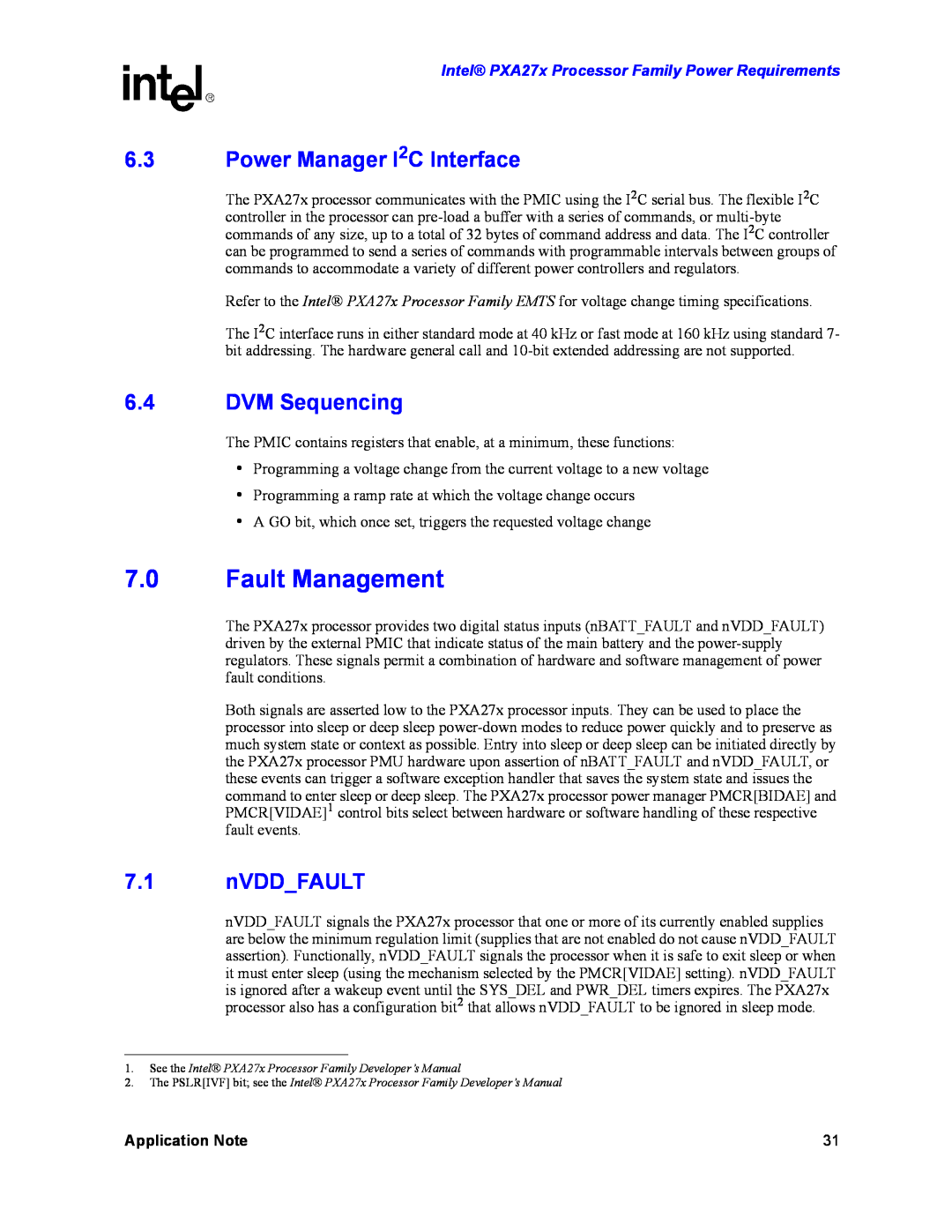Intel PXA27X manual Fault Management, Power Manager I2C Interface, DVM Sequencing, nVDDFAULT, Application Note 