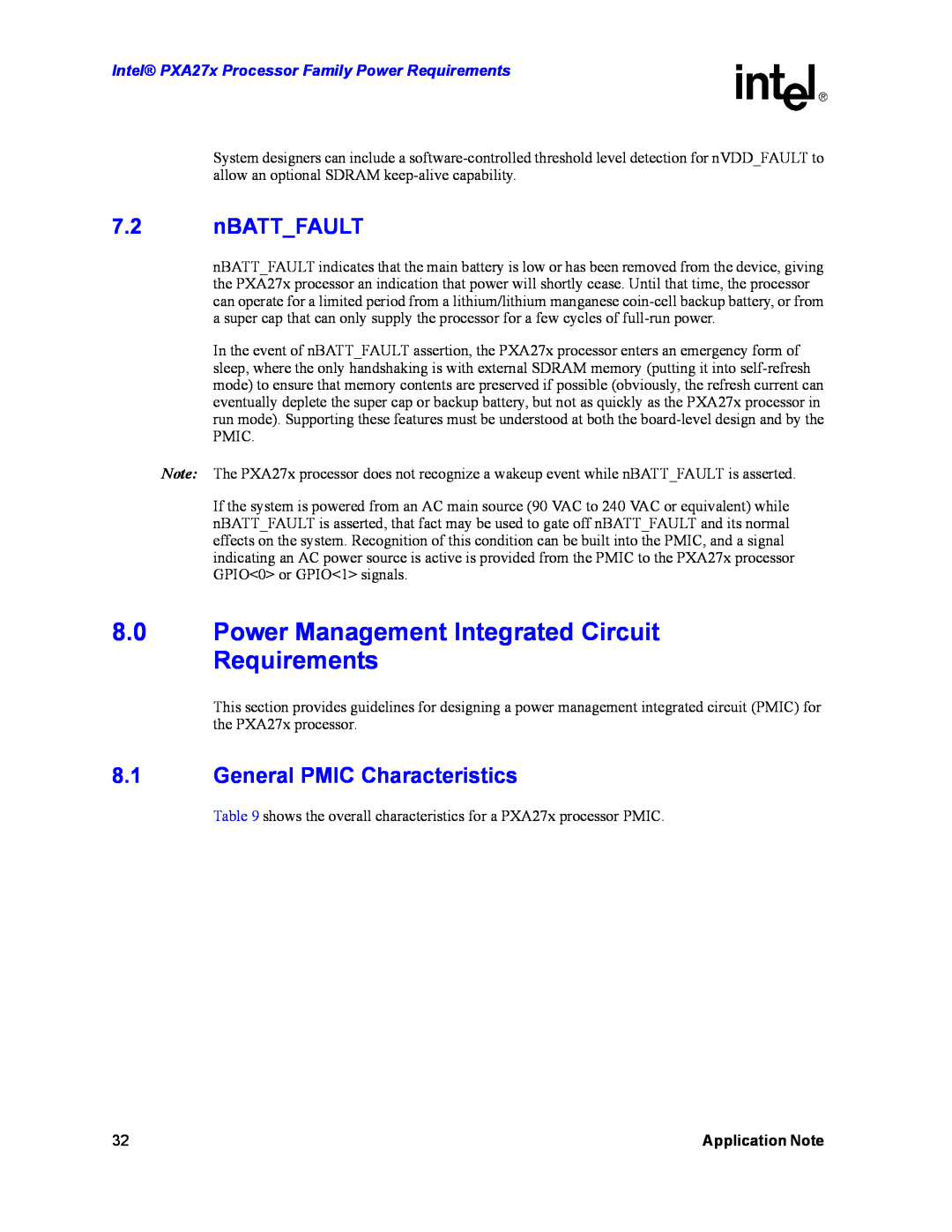 Intel PXA27X Power Management Integrated Circuit Requirements, nBATTFAULT, General PMIC Characteristics, Application Note 