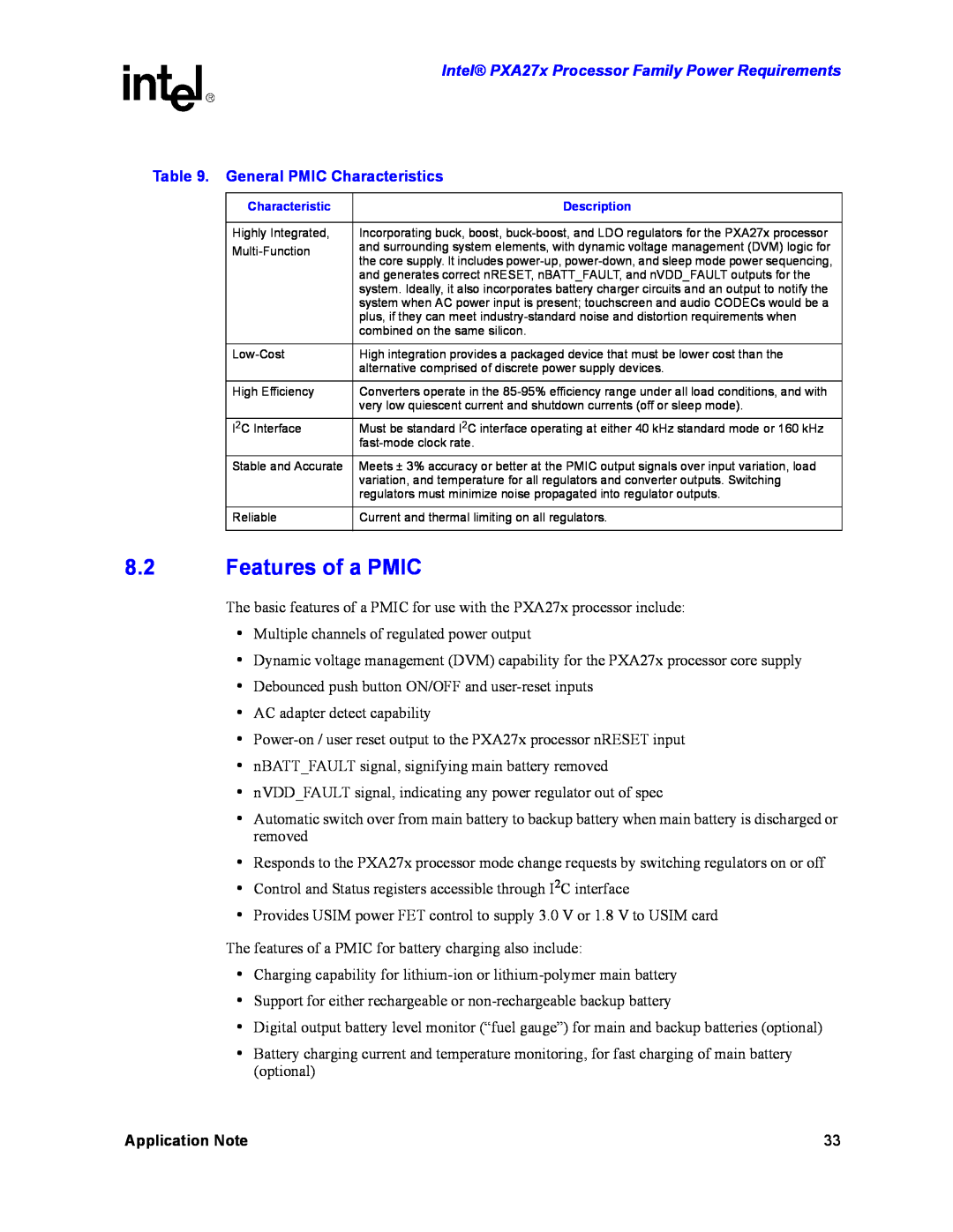 Intel PXA27X manual Features of a PMIC, General PMIC Characteristics, Intel PXA27x Processor Family Power Requirements 