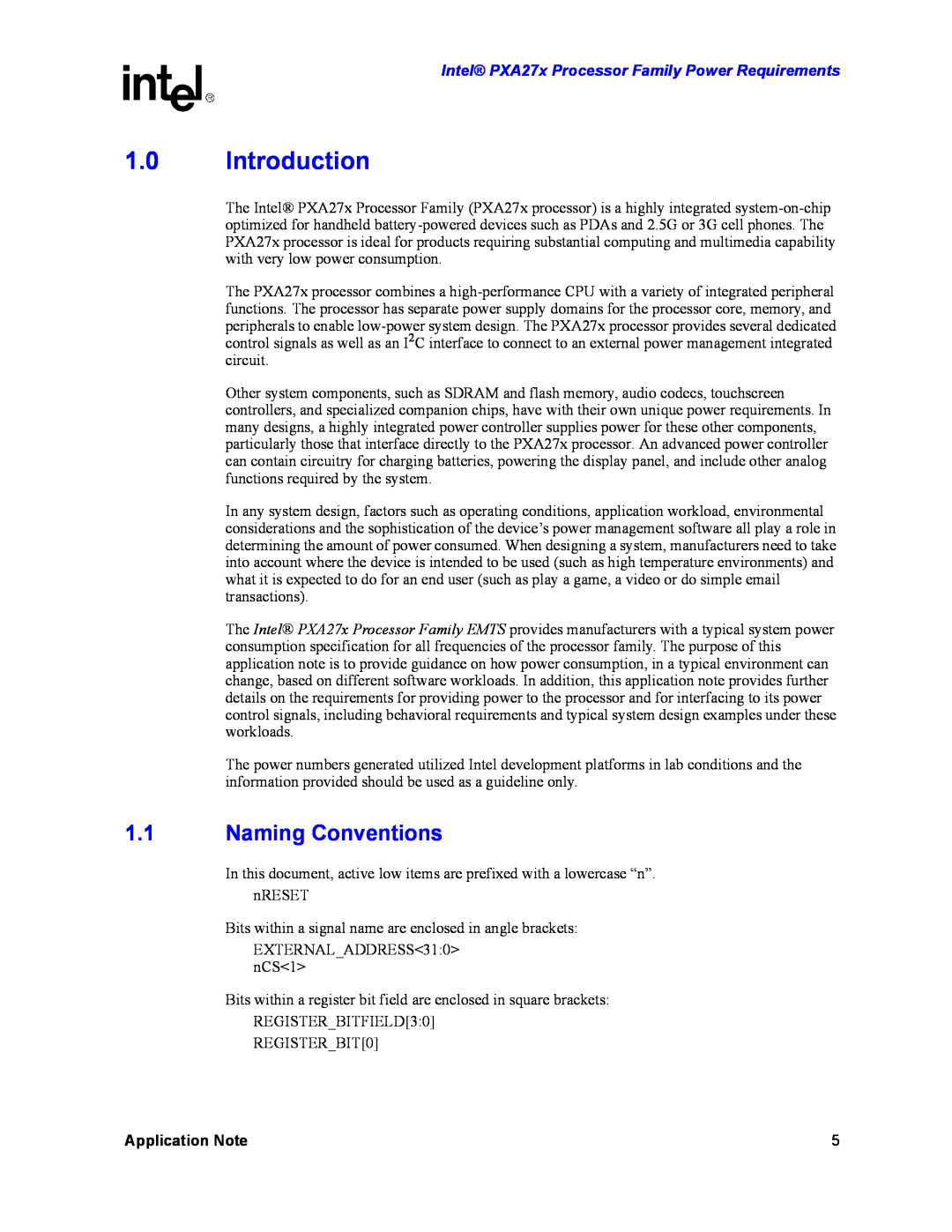 Intel PXA27X manual Introduction, Naming Conventions, Intel PXA27x Processor Family Power Requirements, Application Note 