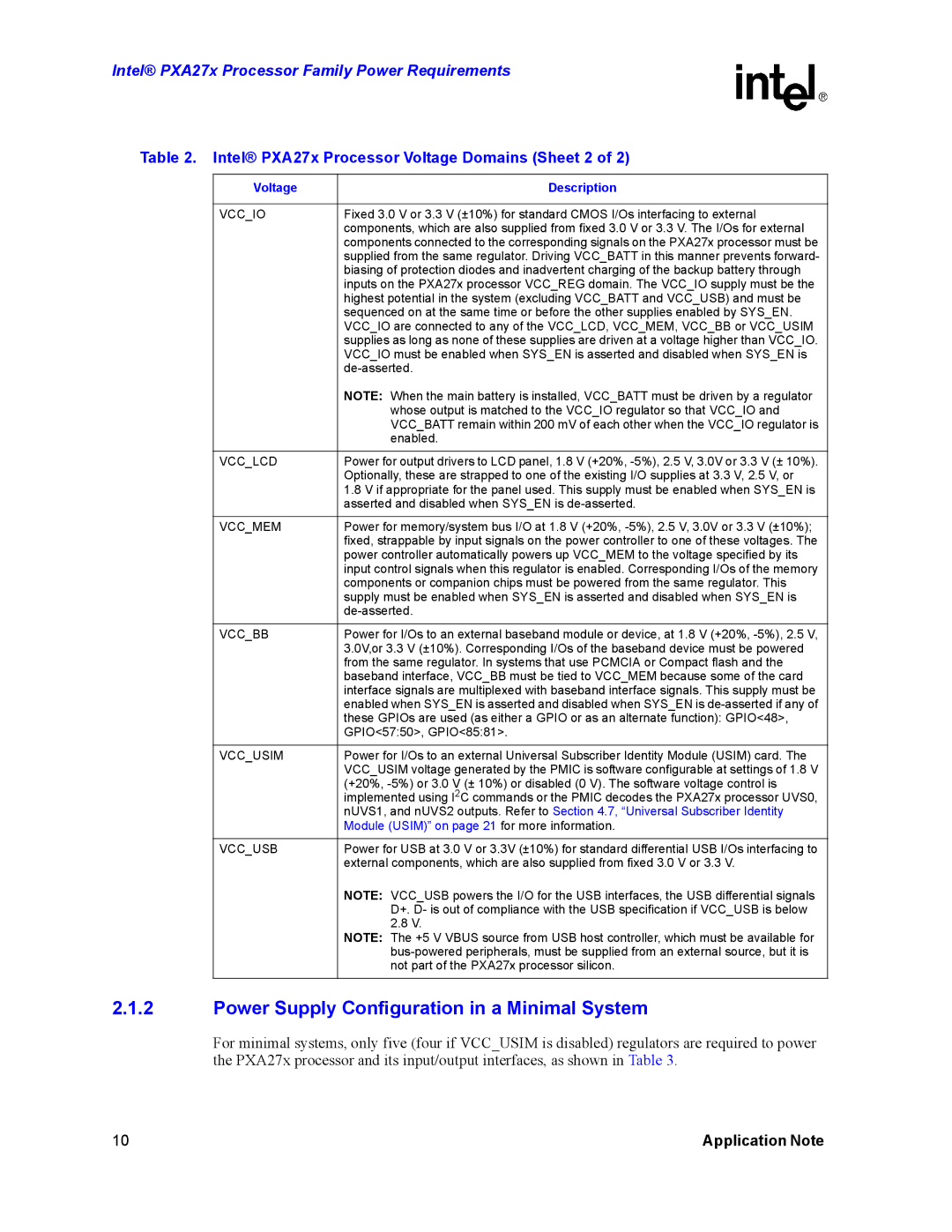 Intel PXA27X manual Power Supply Configuration in a Minimal System, Intel PXA27x Processor Voltage Domains Sheet 2 