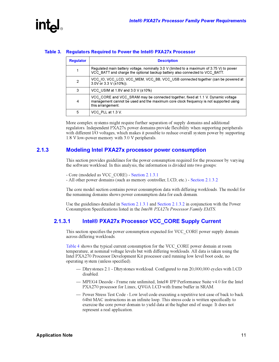 Intel PXA27X manual Modeling Intel PXA27x processor power consumption, Intel PXA27x Processor Vcccore Supply Current 