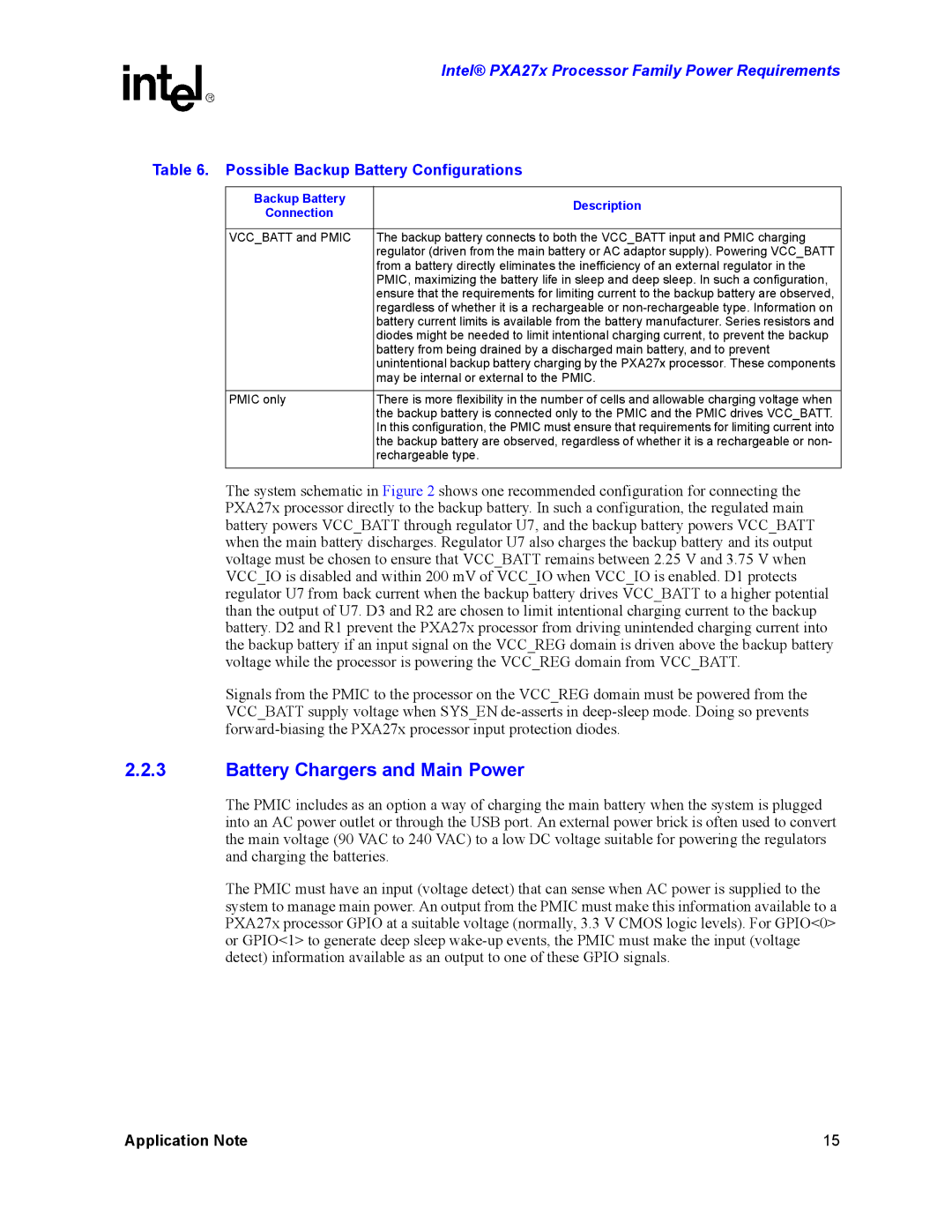 Intel PXA27X manual Battery Chargers and Main Power, Possible Backup Battery Configurations, Backup Battery Description 