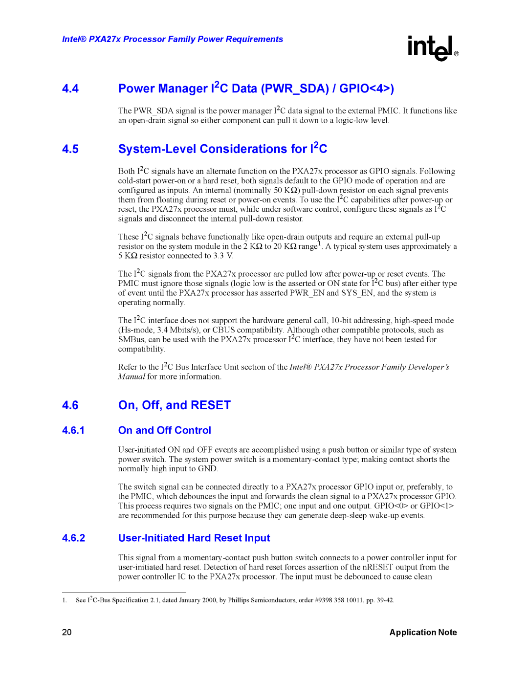 Intel PXA27X manual Power Manager I2C Data Pwrsda / GPIO4, System-Level Considerations for I2C, On, Off, and Reset 