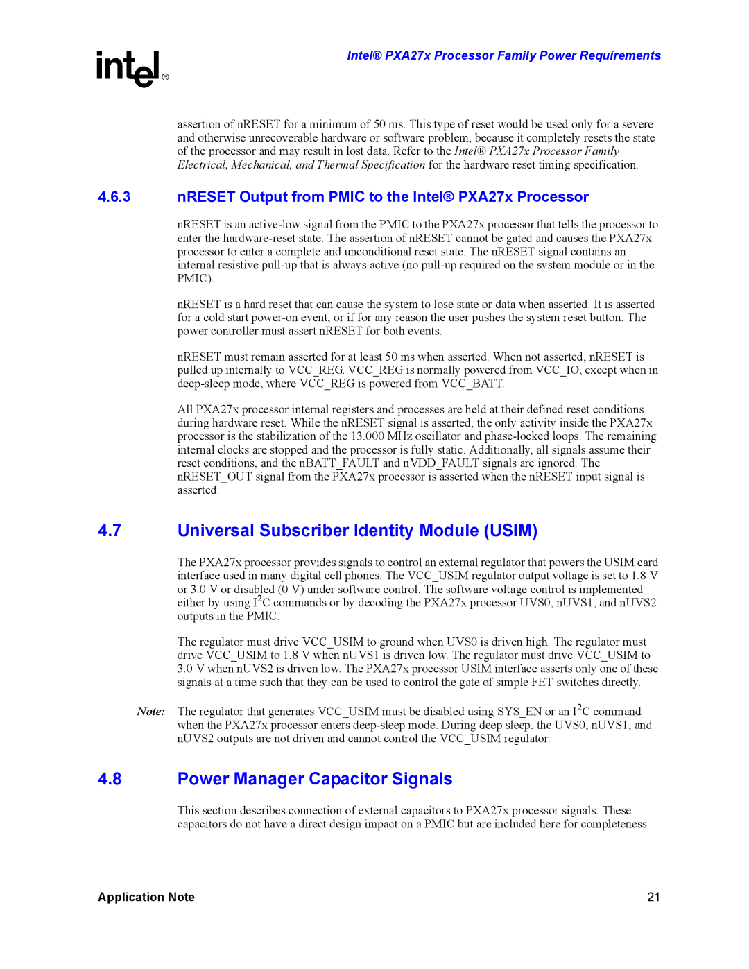 Intel PXA27X manual Universal Subscriber Identity Module Usim, Power Manager Capacitor Signals 