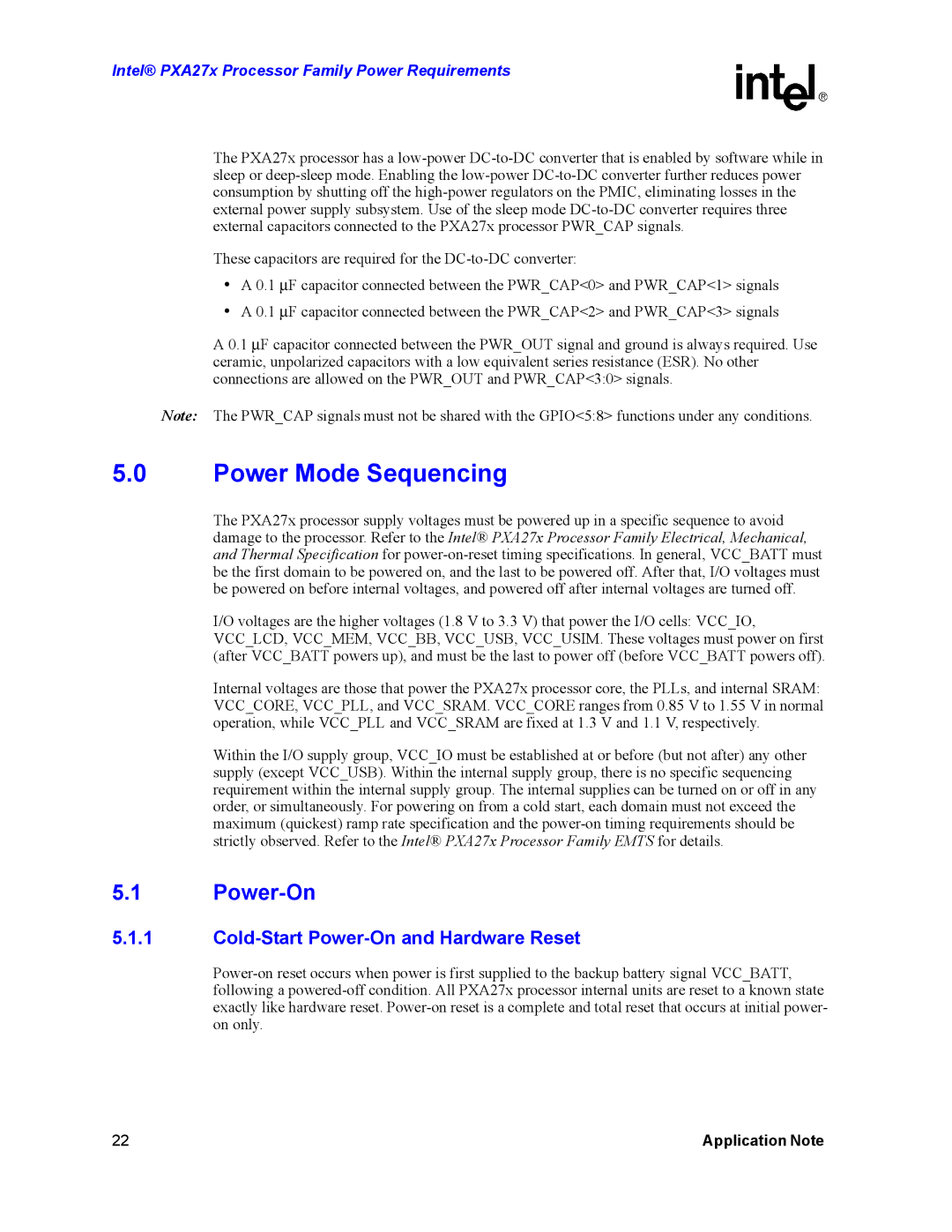 Intel PXA27X manual Power Mode Sequencing, Cold-Start Power-On and Hardware Reset 