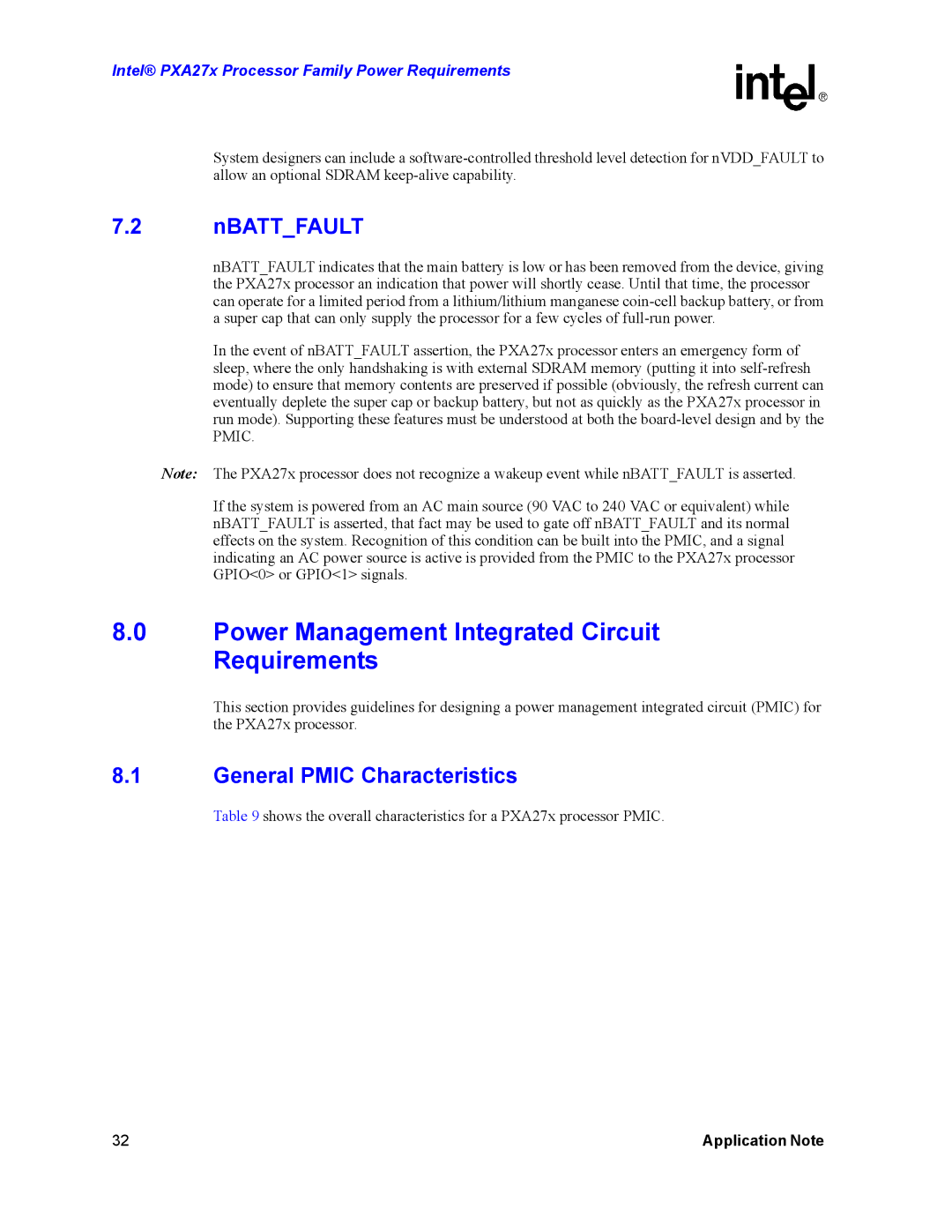 Intel PXA27X manual Power Management Integrated Circuit Requirements, Nbattfault, General Pmic Characteristics 