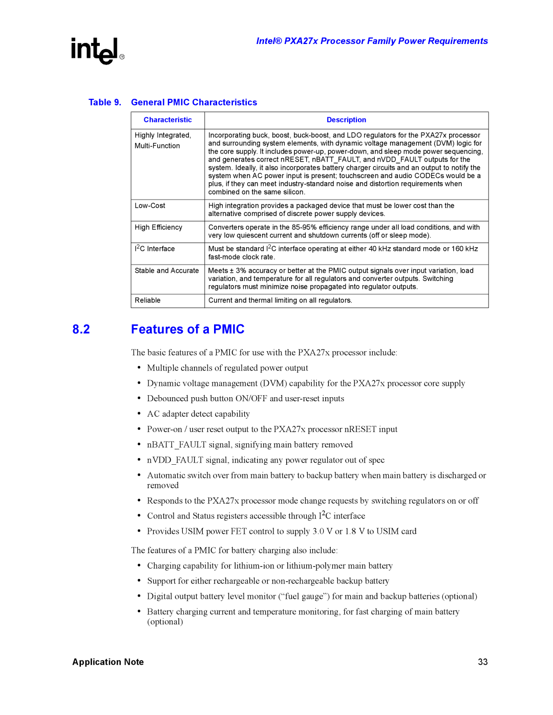 Intel PXA27X manual Features of a Pmic, General Pmic Characteristics, Characteristic Description 