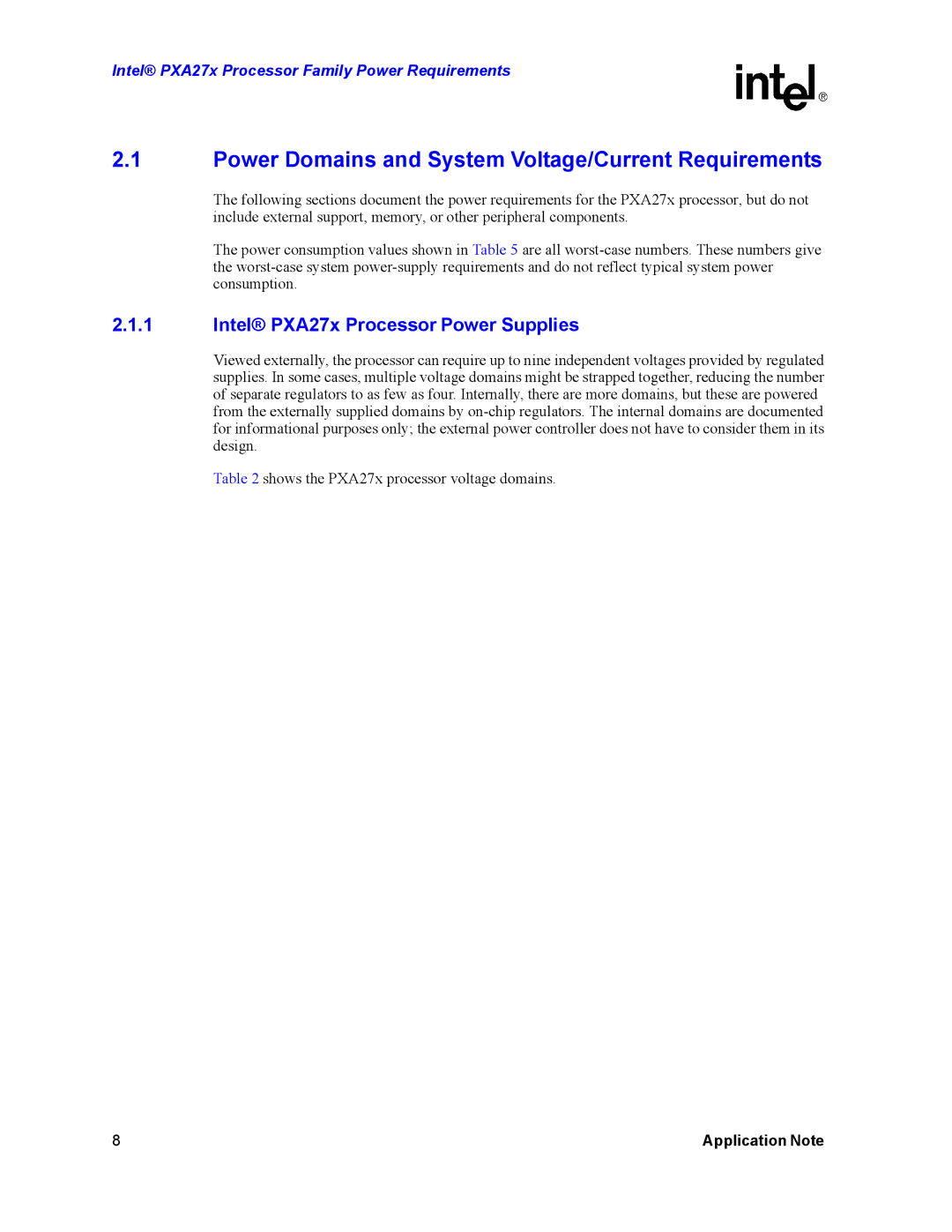 Intel PXA27X manual Power Domains and System Voltage/Current Requirements, Intel PXA27x Processor Power Supplies 