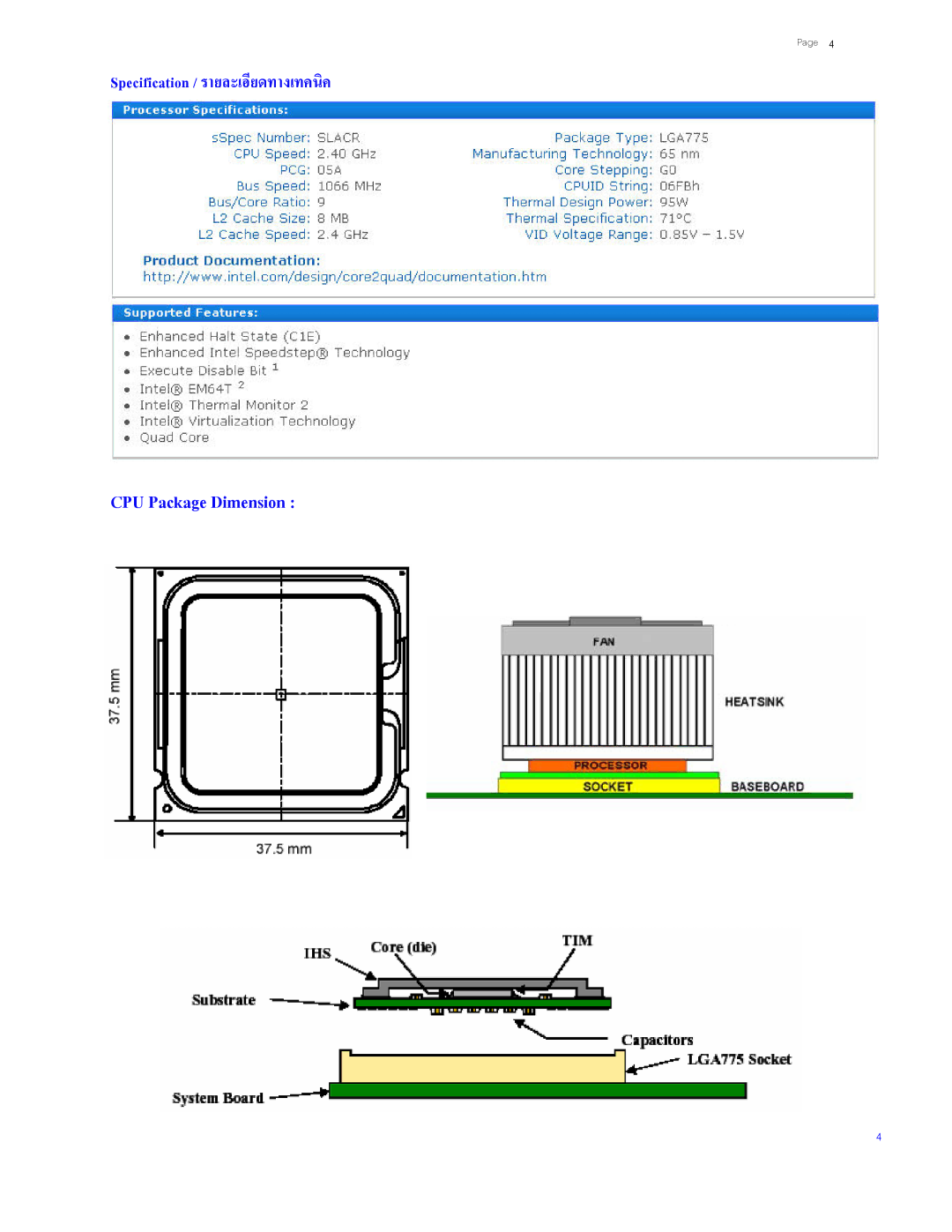 Intel Q6600 manual CPU Package Dimension 