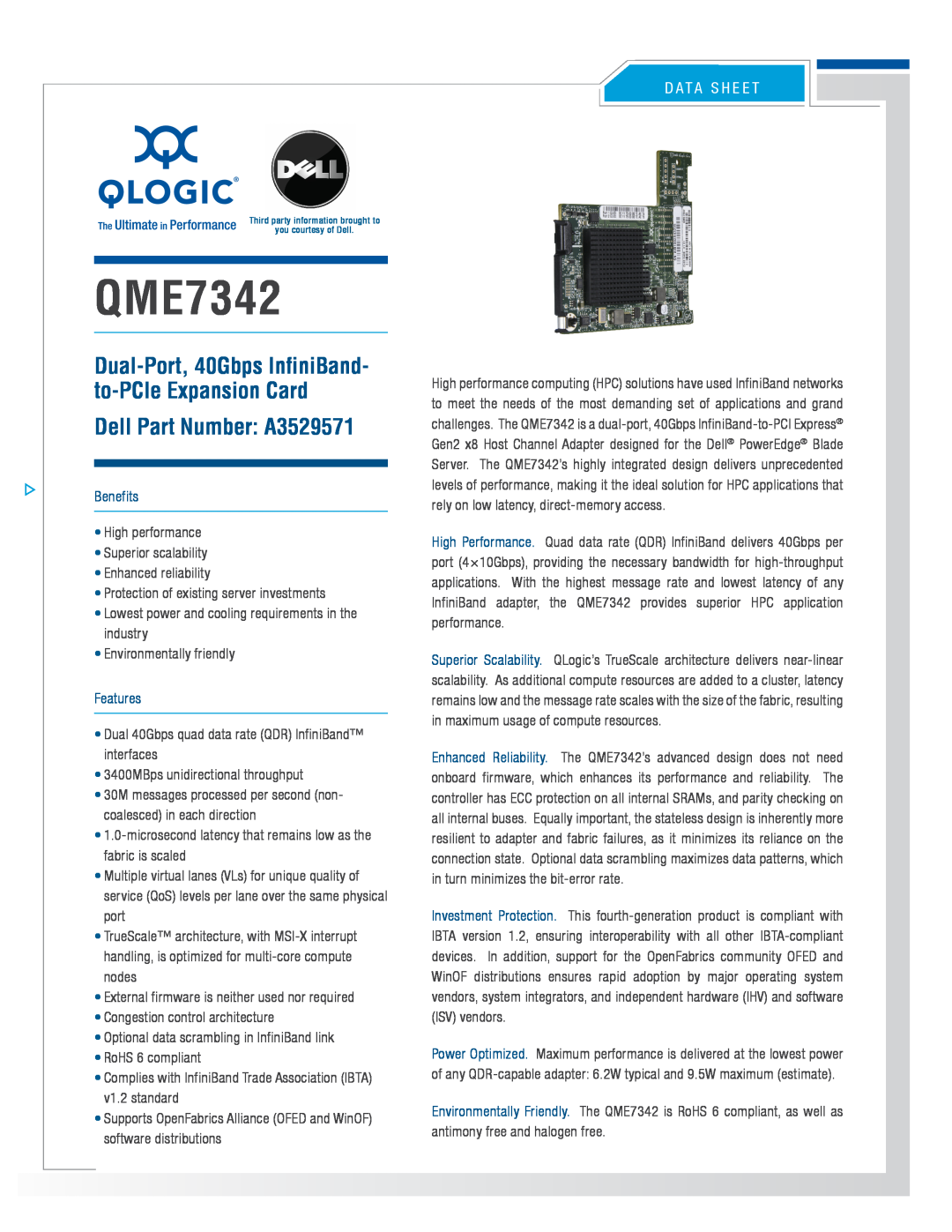 Intel QME7342-CK manual Dell Part Number A3529571, D A T A S H E E T, Benefits, Features 