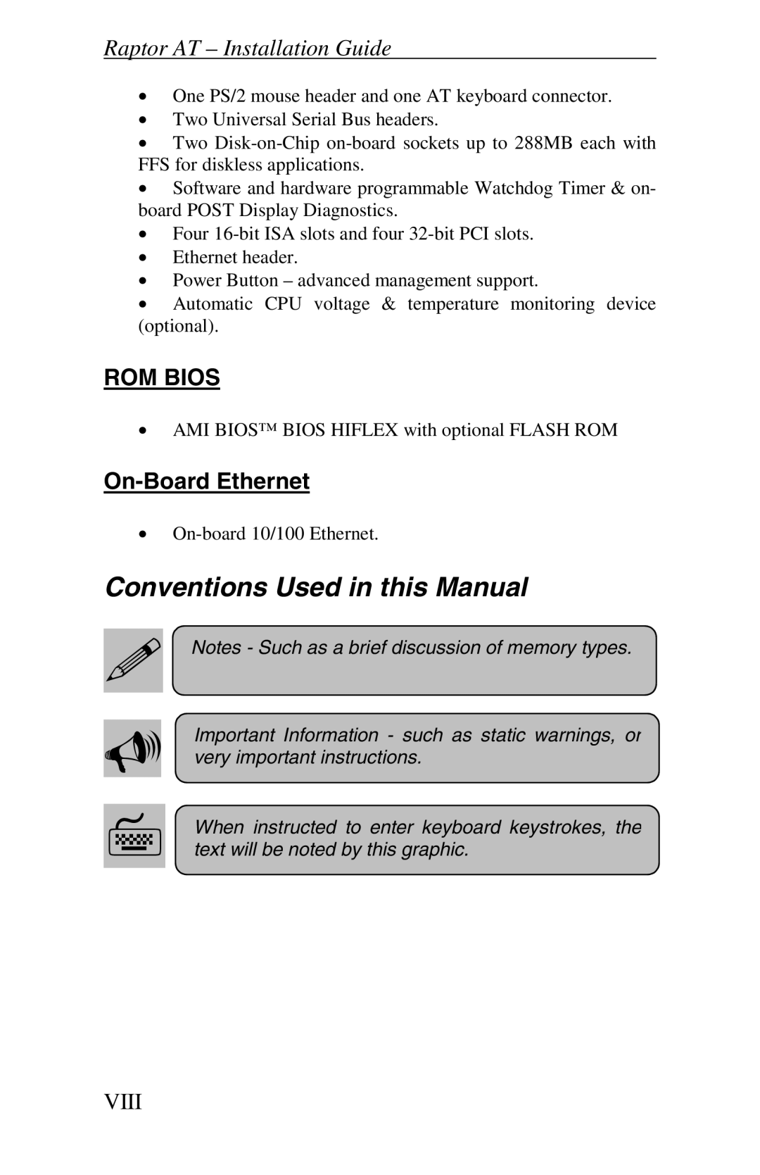 Intel Raptor AT manual Conventions Used in this Manual, On-Board Ethernet 