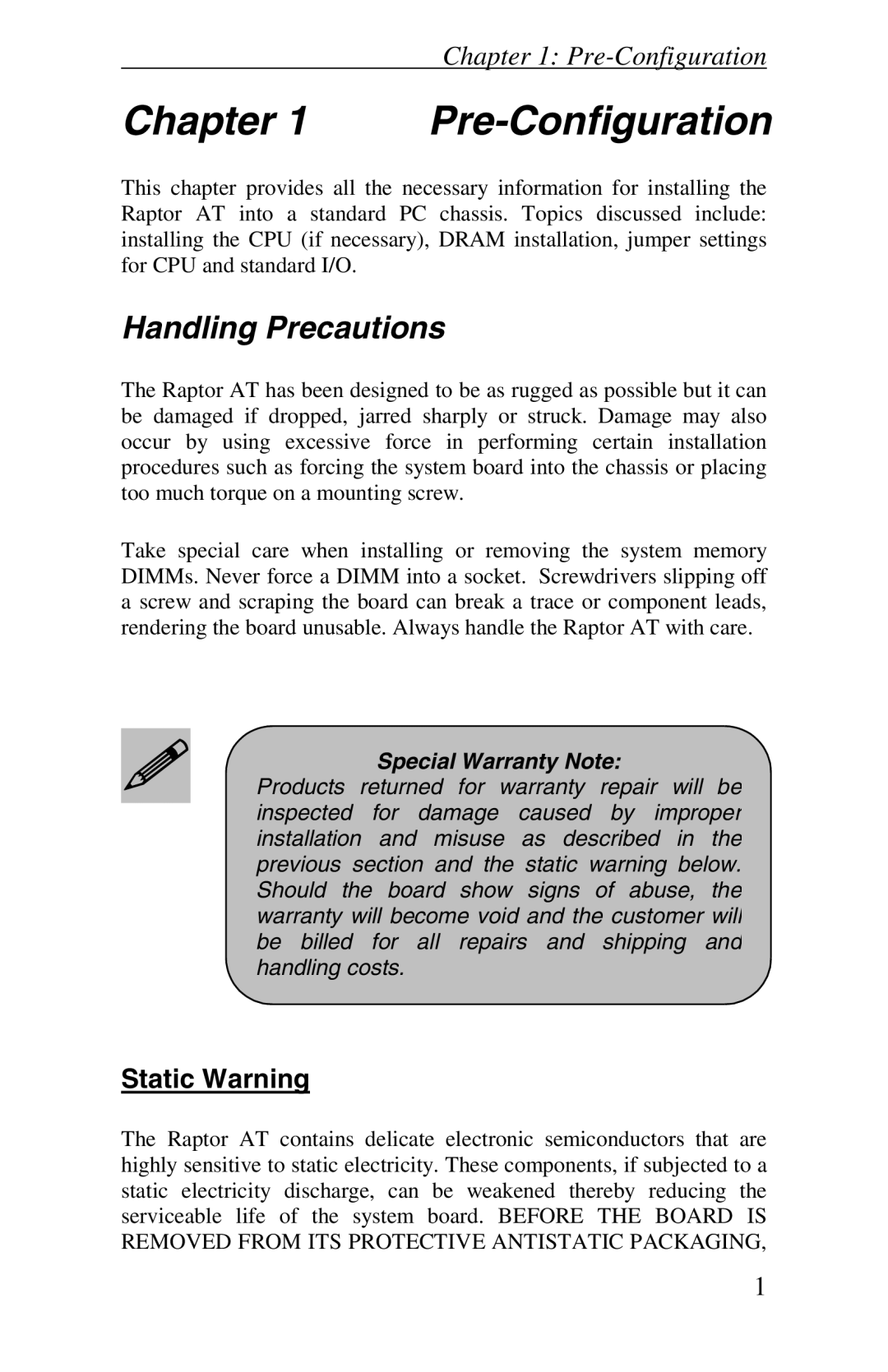 Intel Raptor AT manual Pre-Configuration, Static Warning 