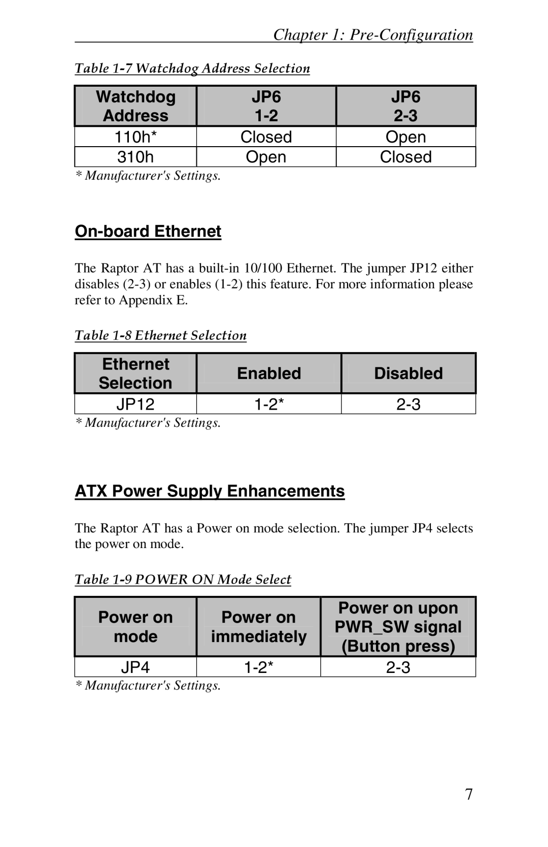 Intel Raptor AT manual Address 110h Closed Open 310h, Ethernet Selection Enabled Disabled, ATX Power Supply Enhancements 