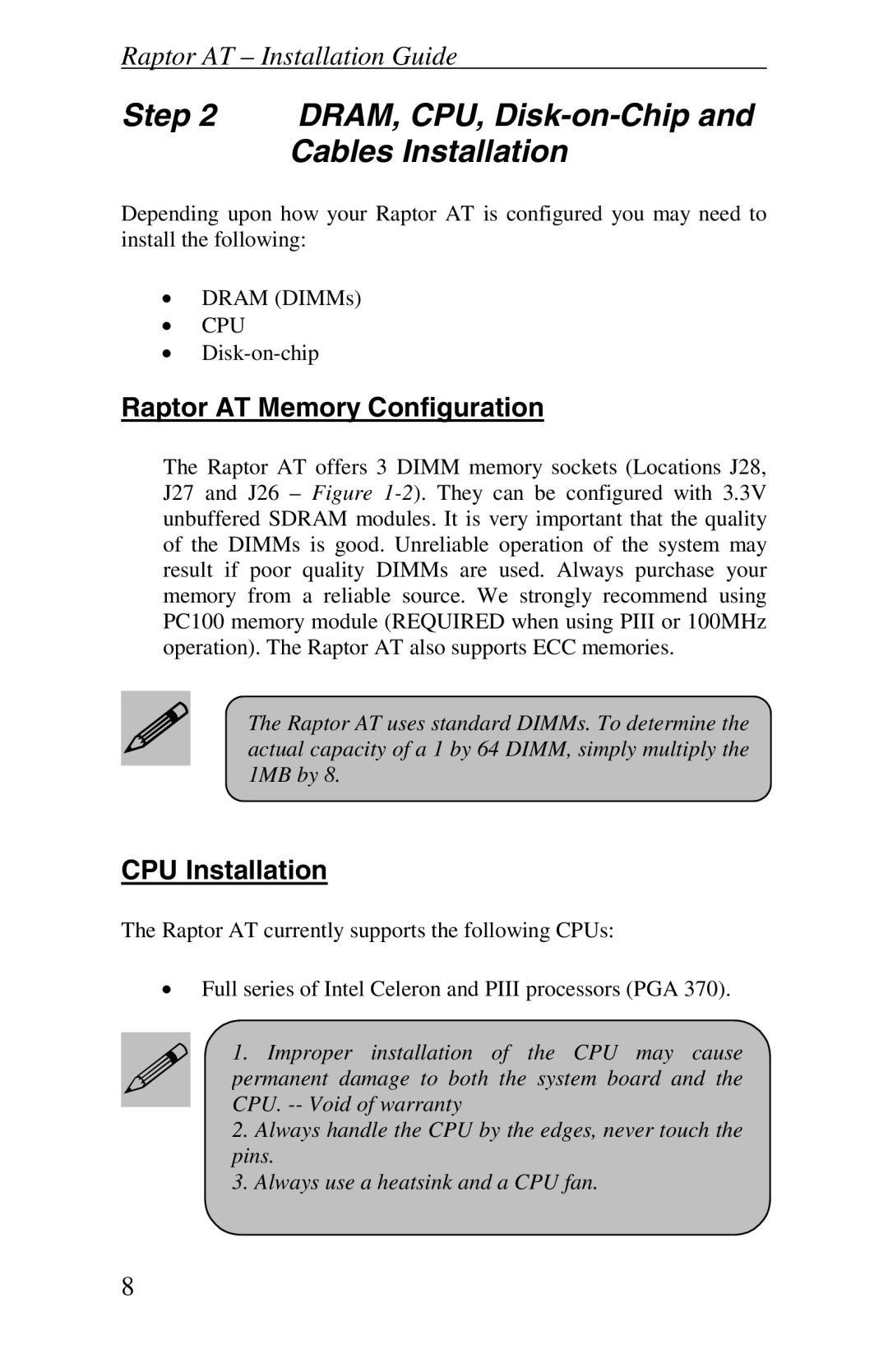 Intel manual Raptor AT Memory Configuration, CPU Installation 