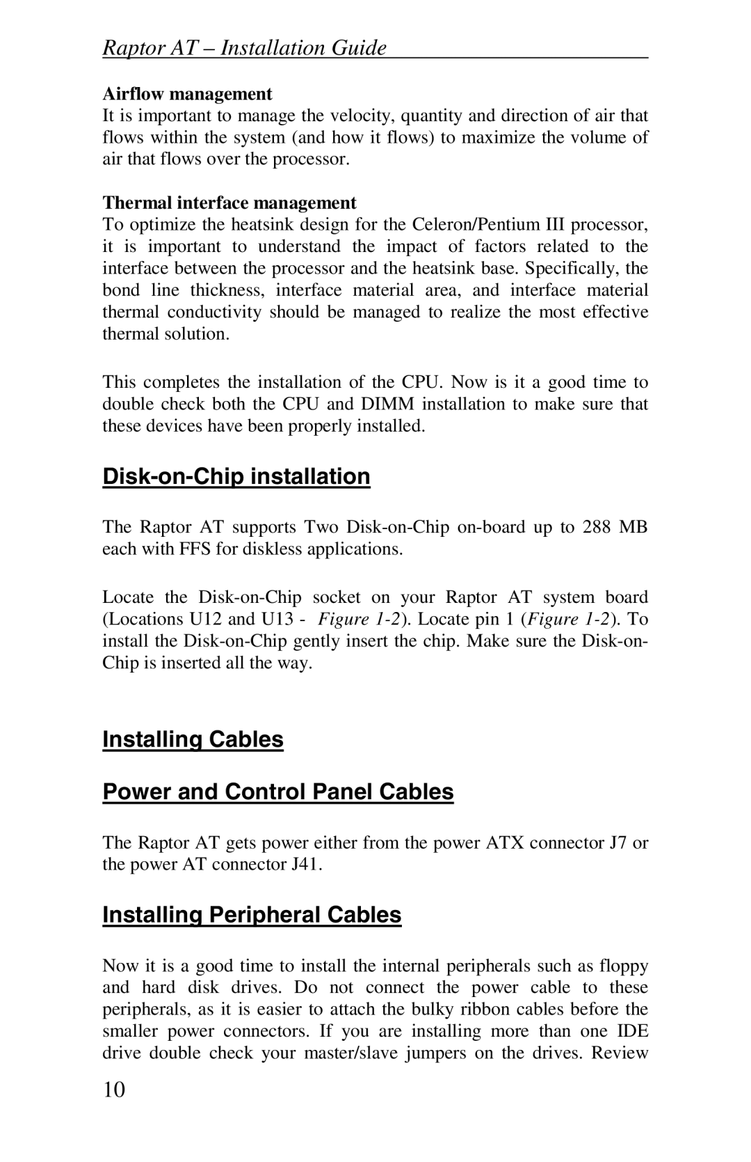 Intel Raptor AT Disk-on-Chip installation, Installing Cables Power and Control Panel Cables, Installing Peripheral Cables 