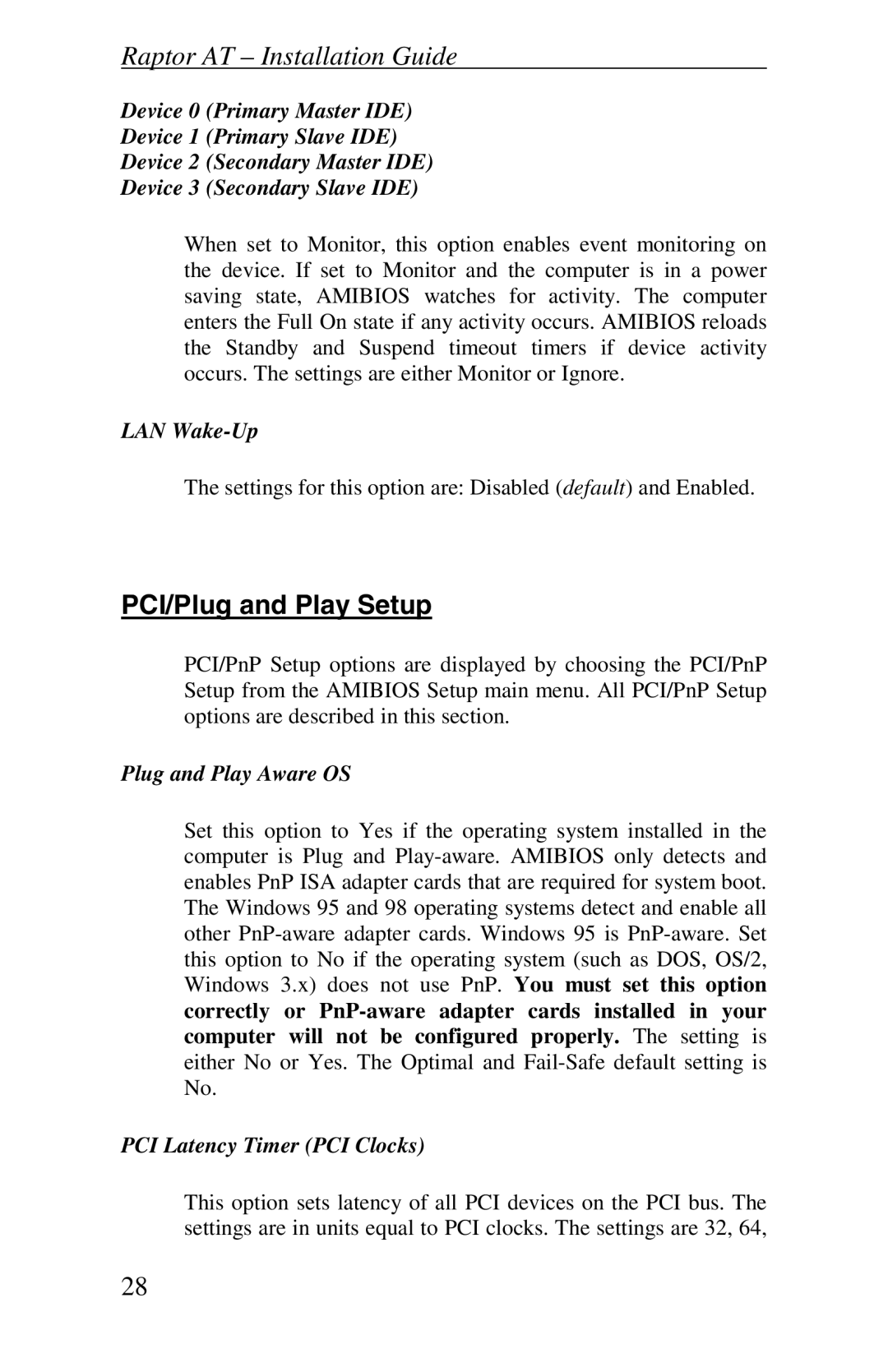 Intel Raptor AT manual PCI/Plug and Play Setup, LAN Wake-Up, Plug and Play Aware OS, PCI Latency Timer PCI Clocks 