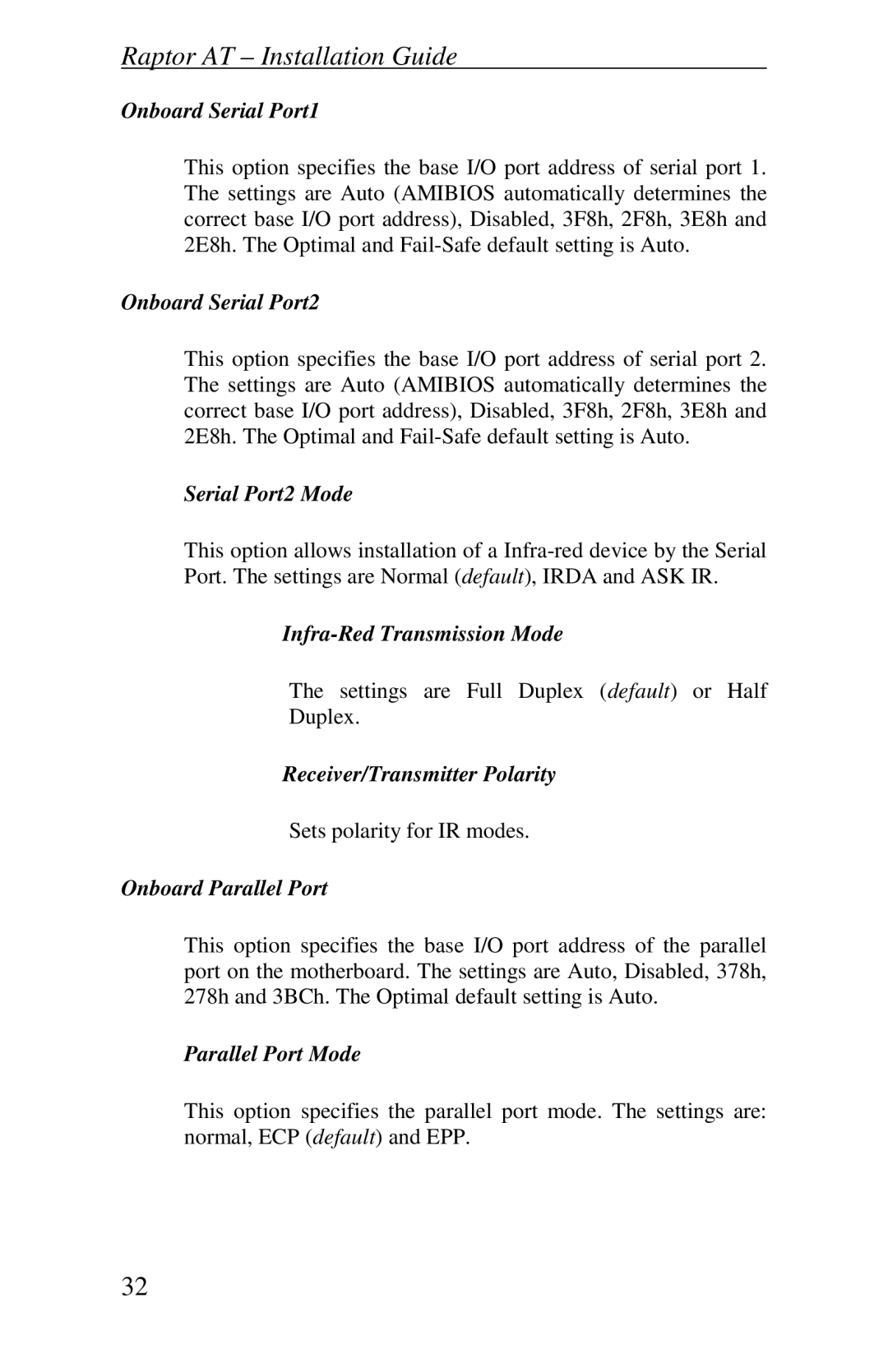 Intel Raptor AT manual Onboard Serial Port1, Onboard Serial Port2, Serial Port2 Mode, Infra-Red Transmission Mode 