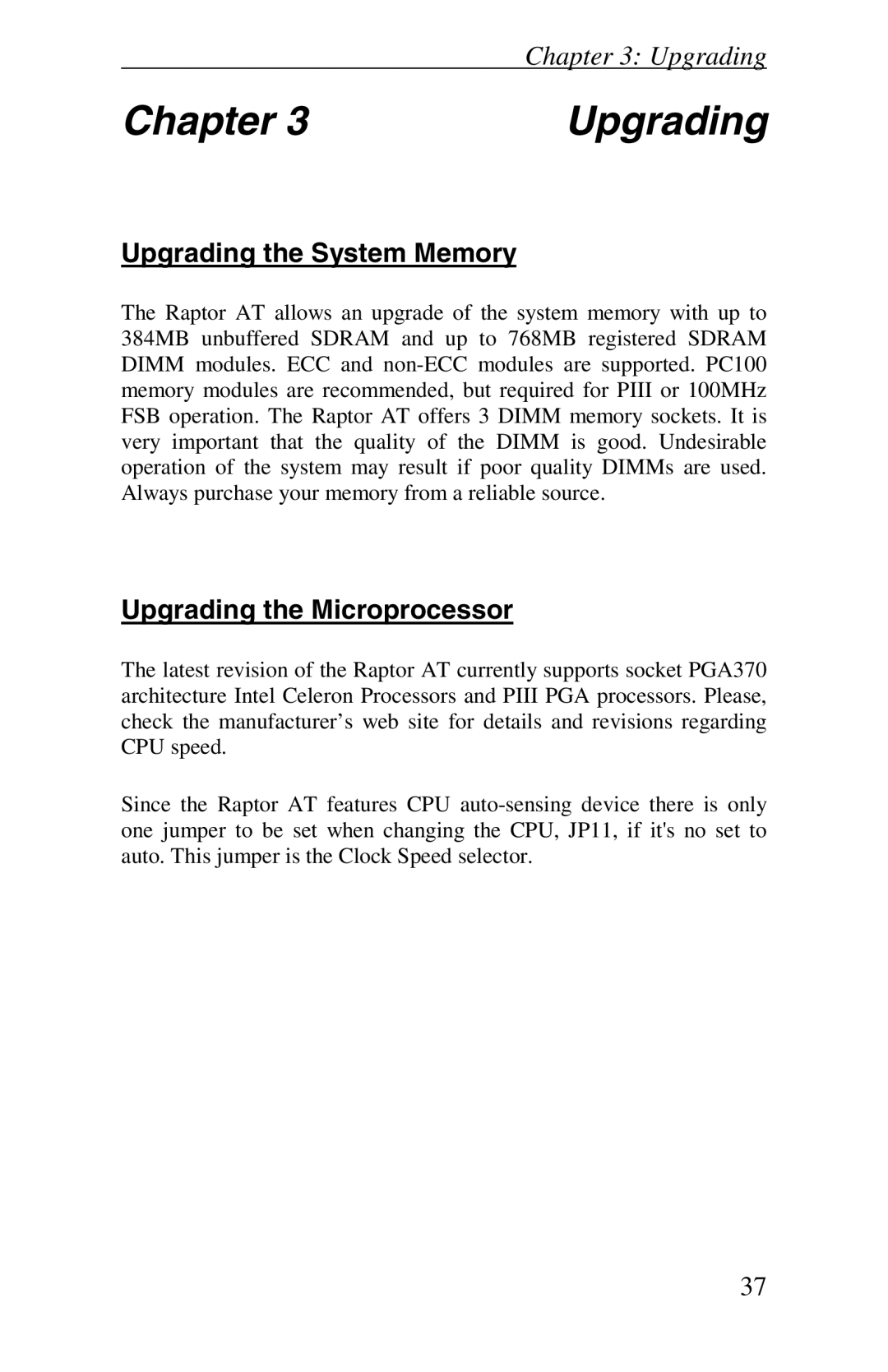 Intel Raptor AT manual Chapter Upgrading, Upgrading the System Memory, Upgrading the Microprocessor 