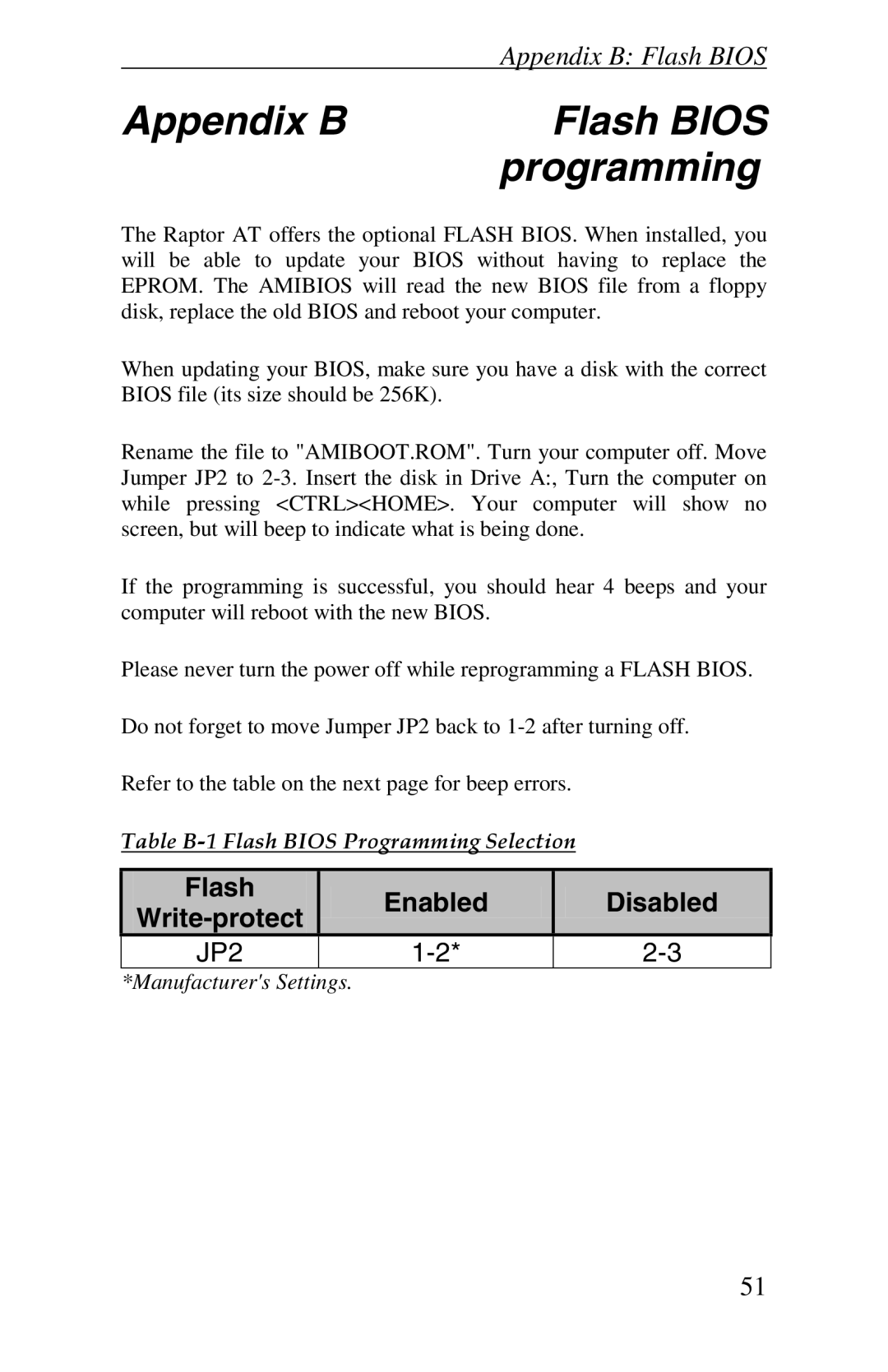 Intel Raptor AT manual Appendix B Flash Bios Programming, Flash Write-protect Enabled Disabled 