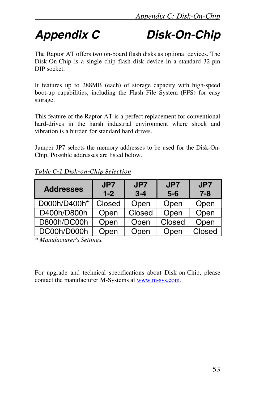 Intel Raptor AT manual Appendix C Disk-On-Chip, Addresses 