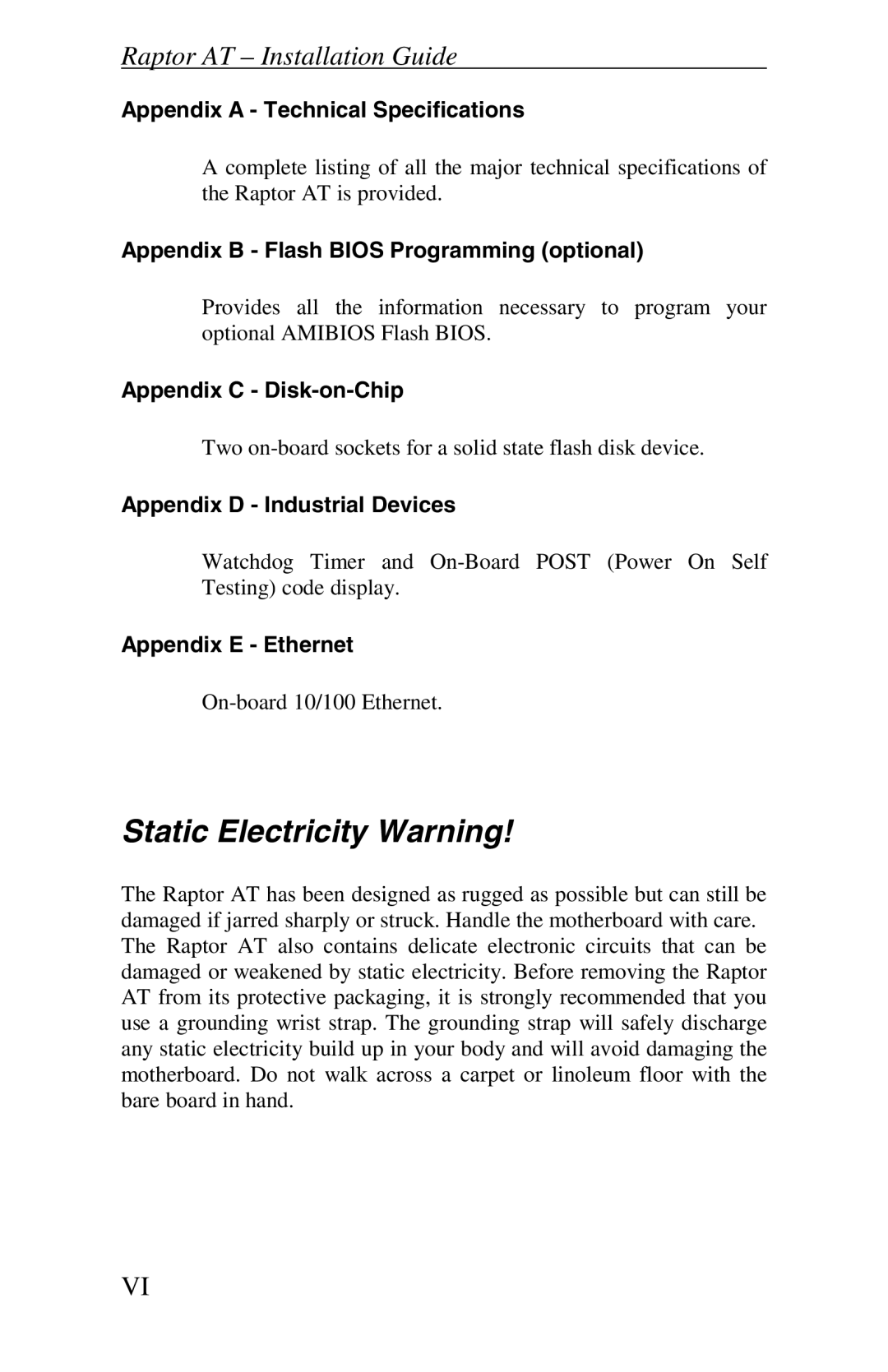 Intel Raptor AT manual Static Electricity Warning 