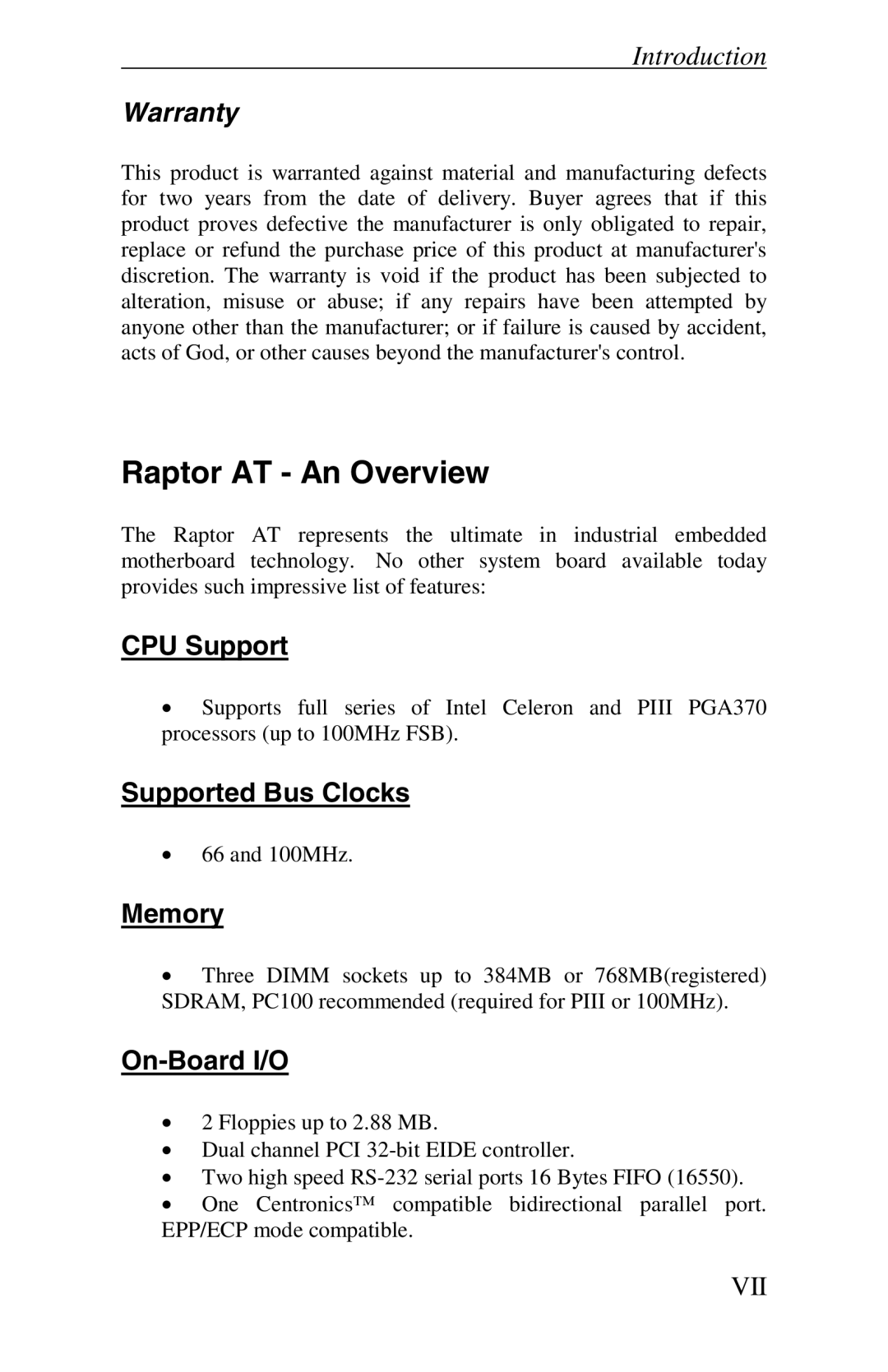 Intel Raptor AT manual CPU Support, Supported Bus Clocks, Memory, On-Board I/O 