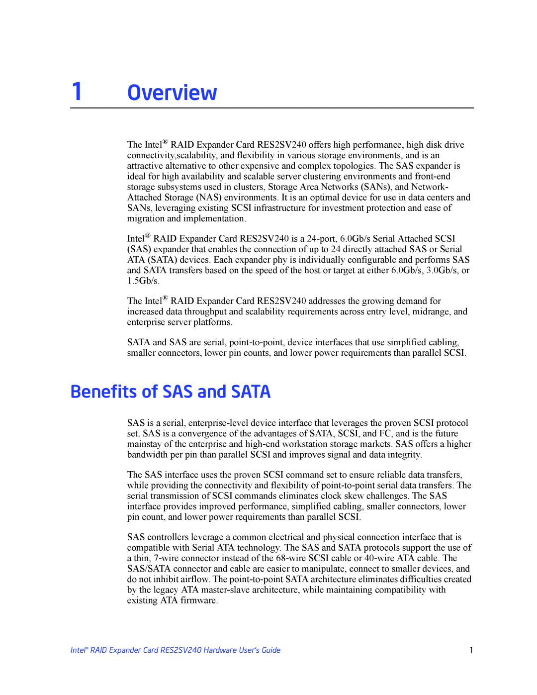Intel RES2SV240 manual 1Overview, Benefits of SAS and SATA 